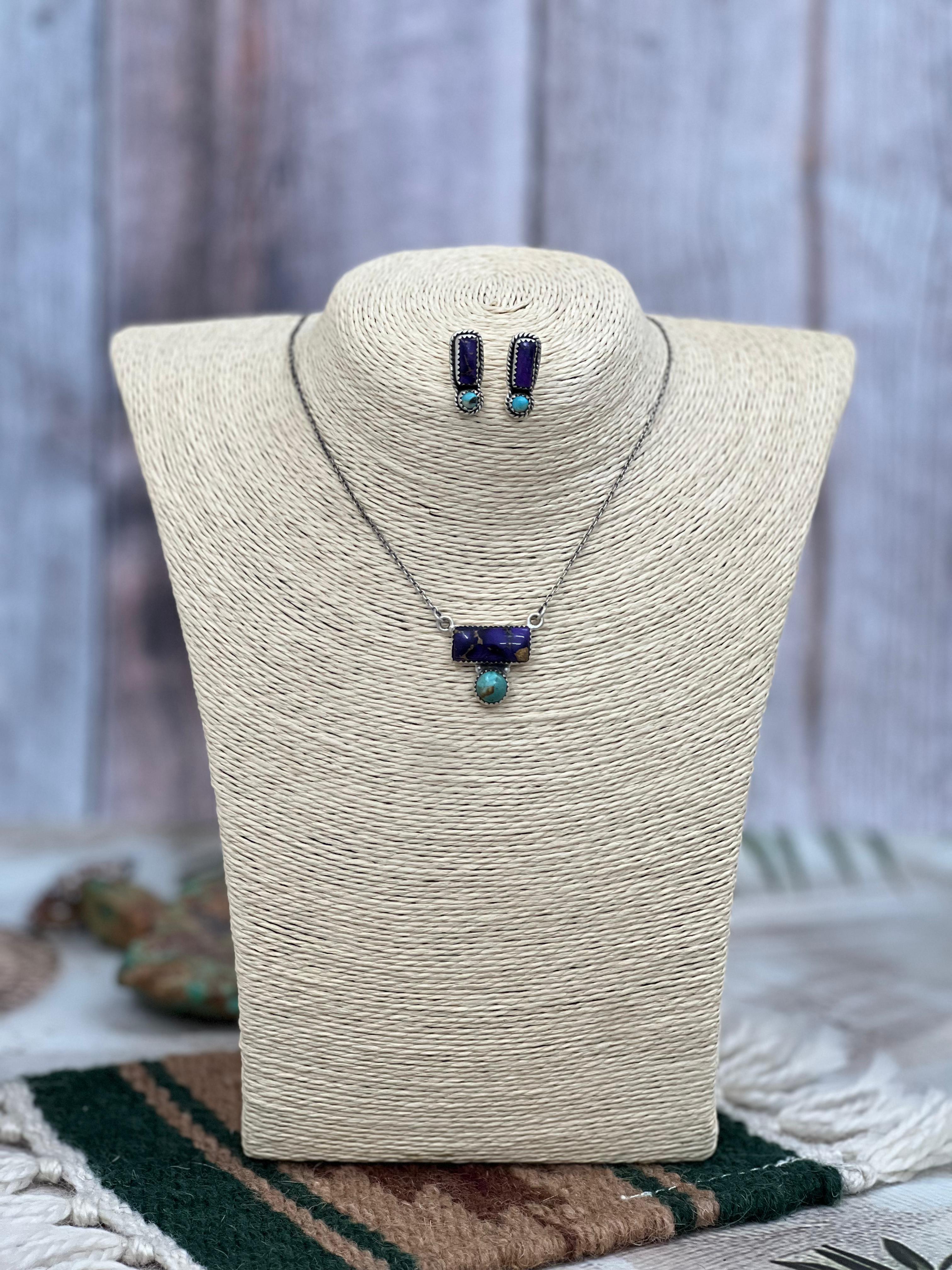 Handmade Sterling Silver Grape Dahlia With Kingman Necklace Earrings Set, Signed Nizhoni