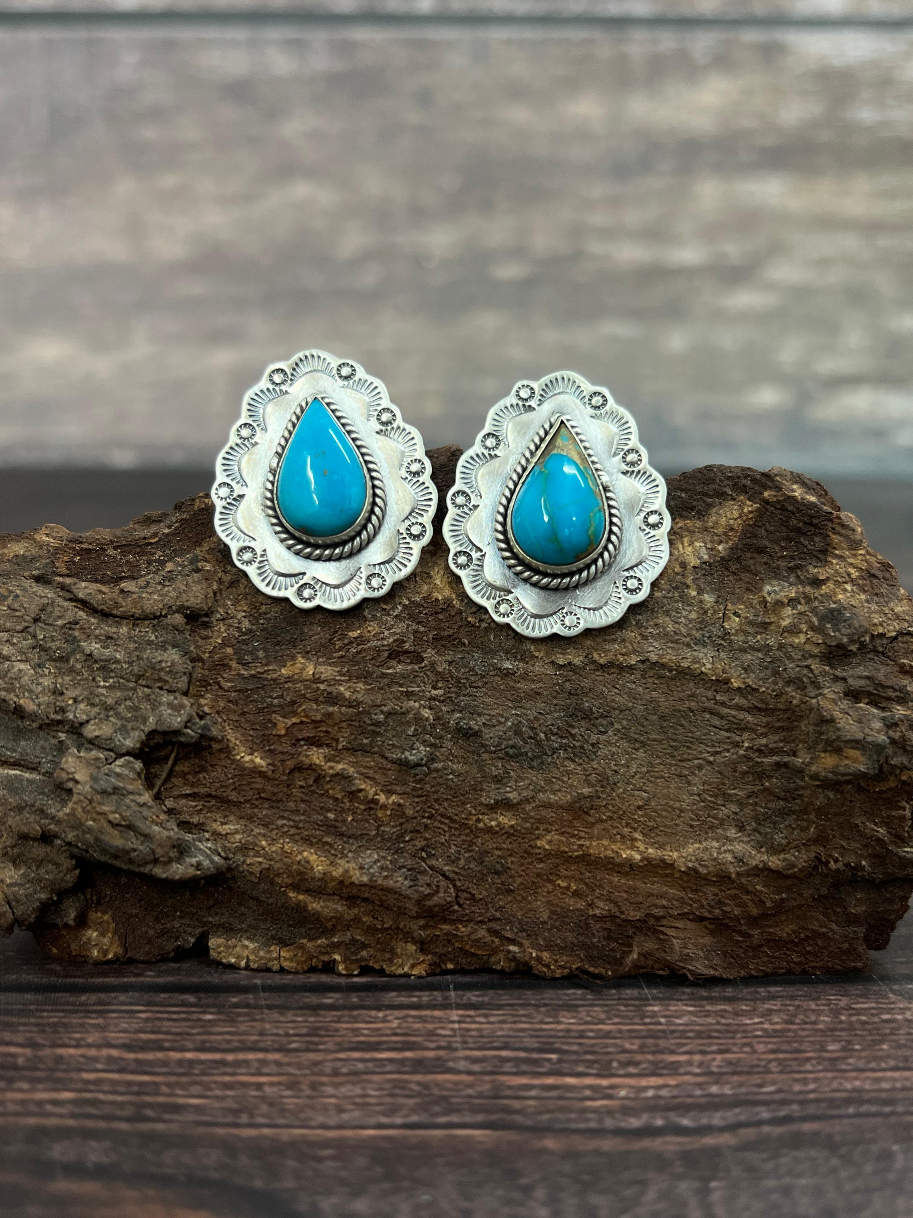 Handmade Sterling Silver South Hill Turquoise Post Studs with Signed Nizhoni
