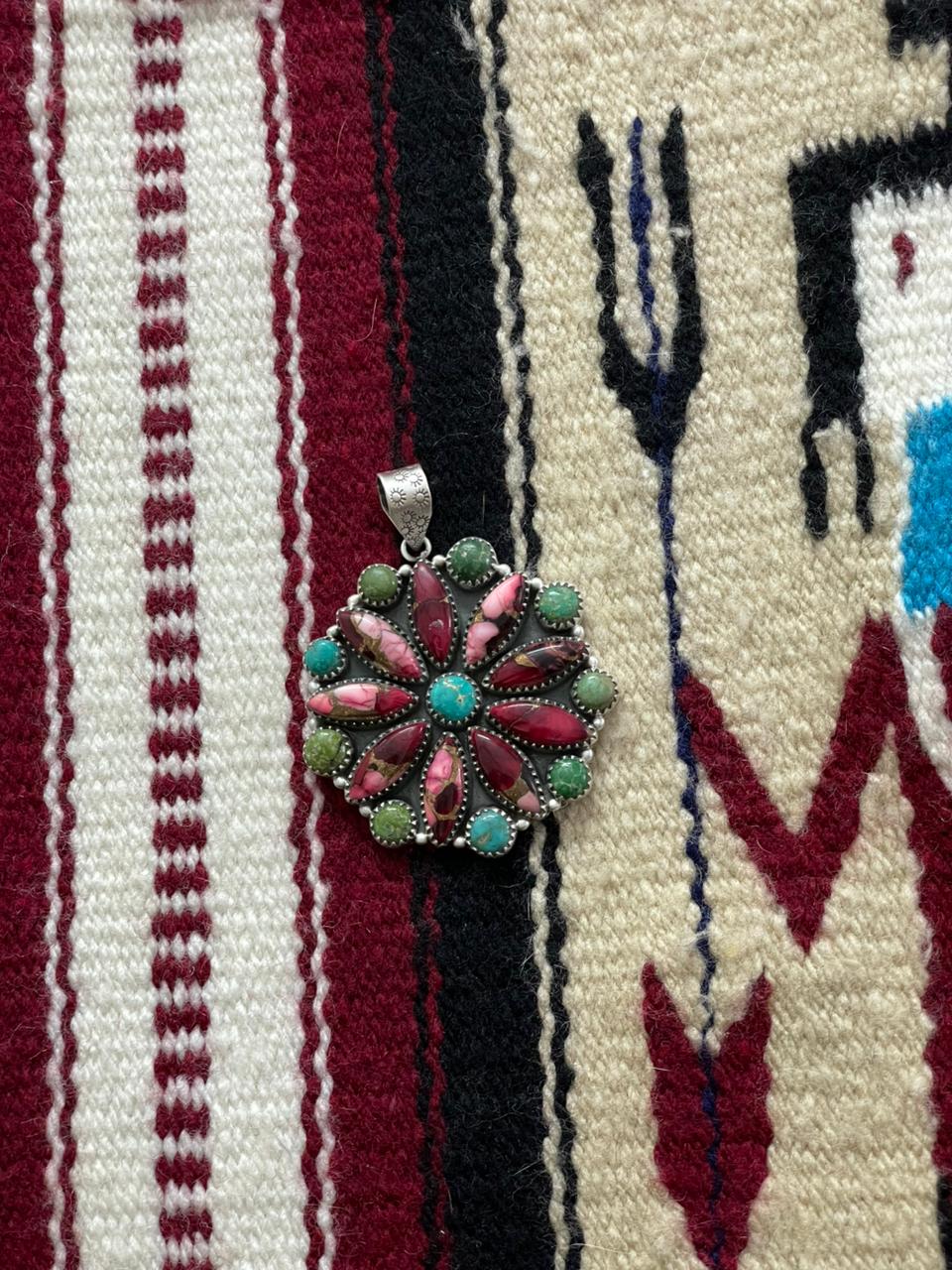 Handmade Sterling Silver Emerald Valley with Dahlia Rose Pendant "Signed Nizhoni"