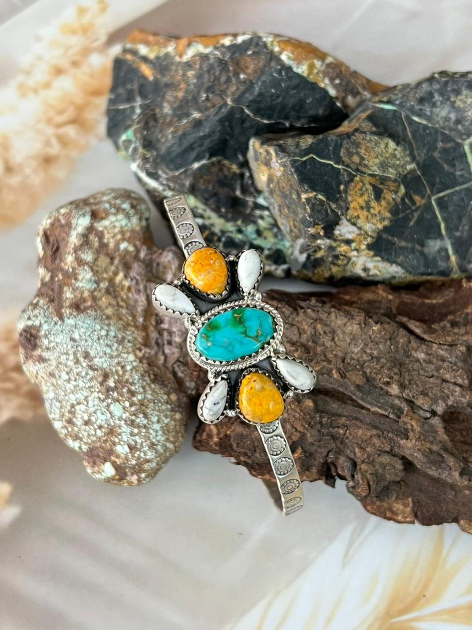 Handmade Sterling Silver Spring Collection: Bumblebee with Sonoran and White Buffalo Bracelet "Signed Nizhoni"