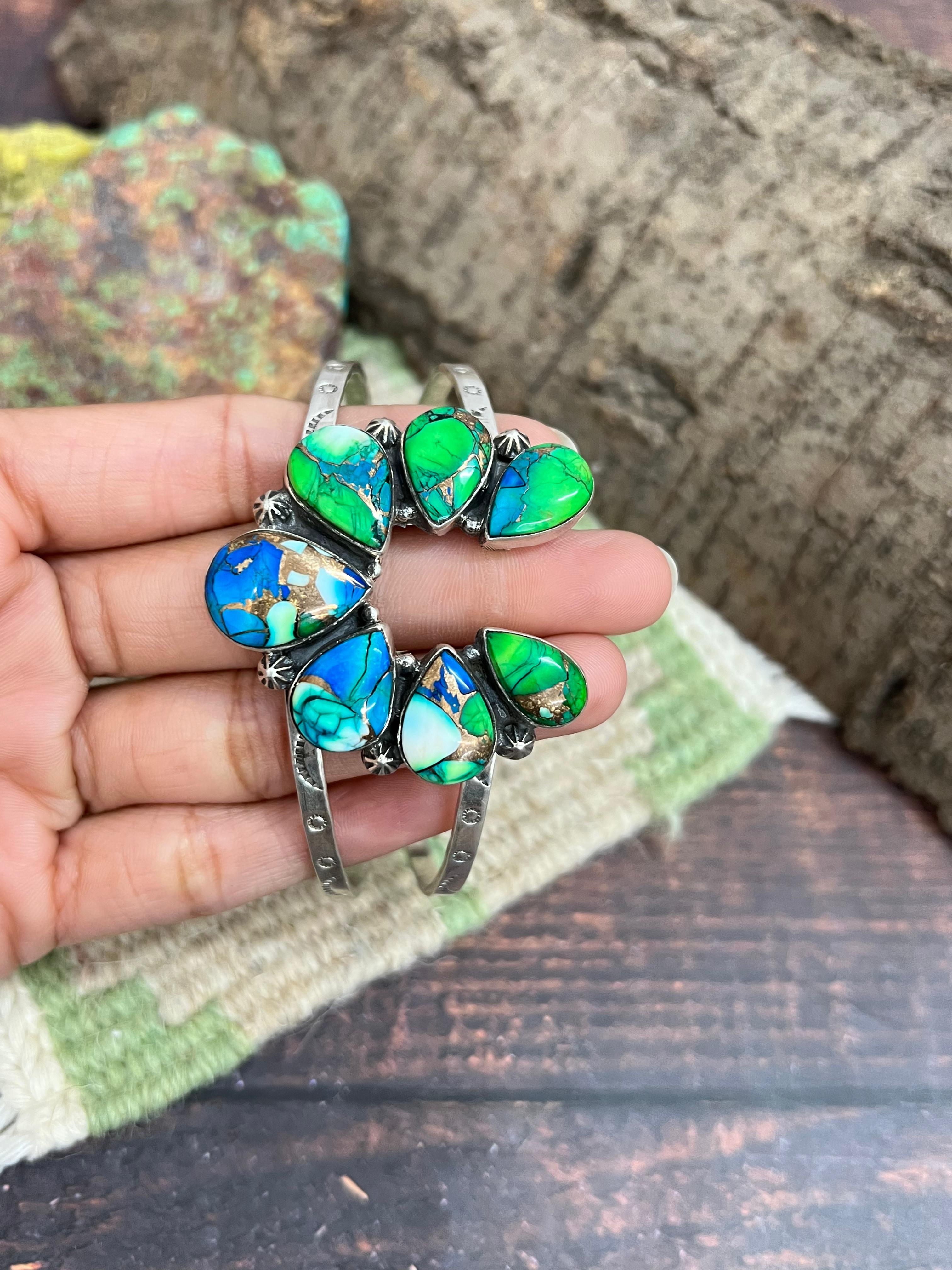 Handmade Sterling Silver Peacock Dahlia Cuff Bracelet with Signed Nizhoni