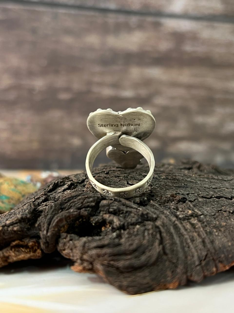 Handmade Sterling Silver Kingman Turquoise Adjustable Ring "Signed Nizhoni"