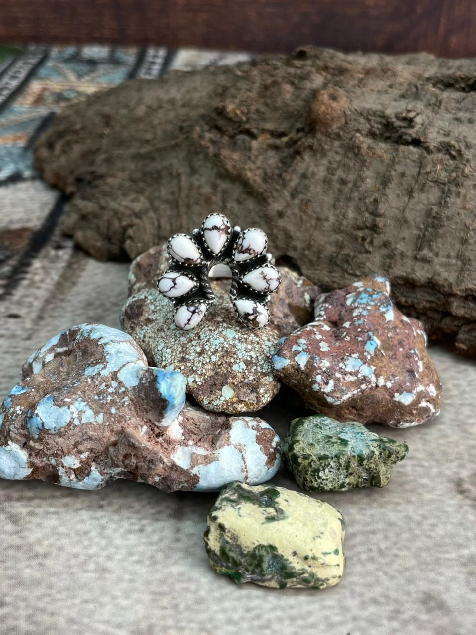 Handmade Sterling Silver Wild Horse Magnesite Naja Adjustable Ring "Signed Nizhoni"