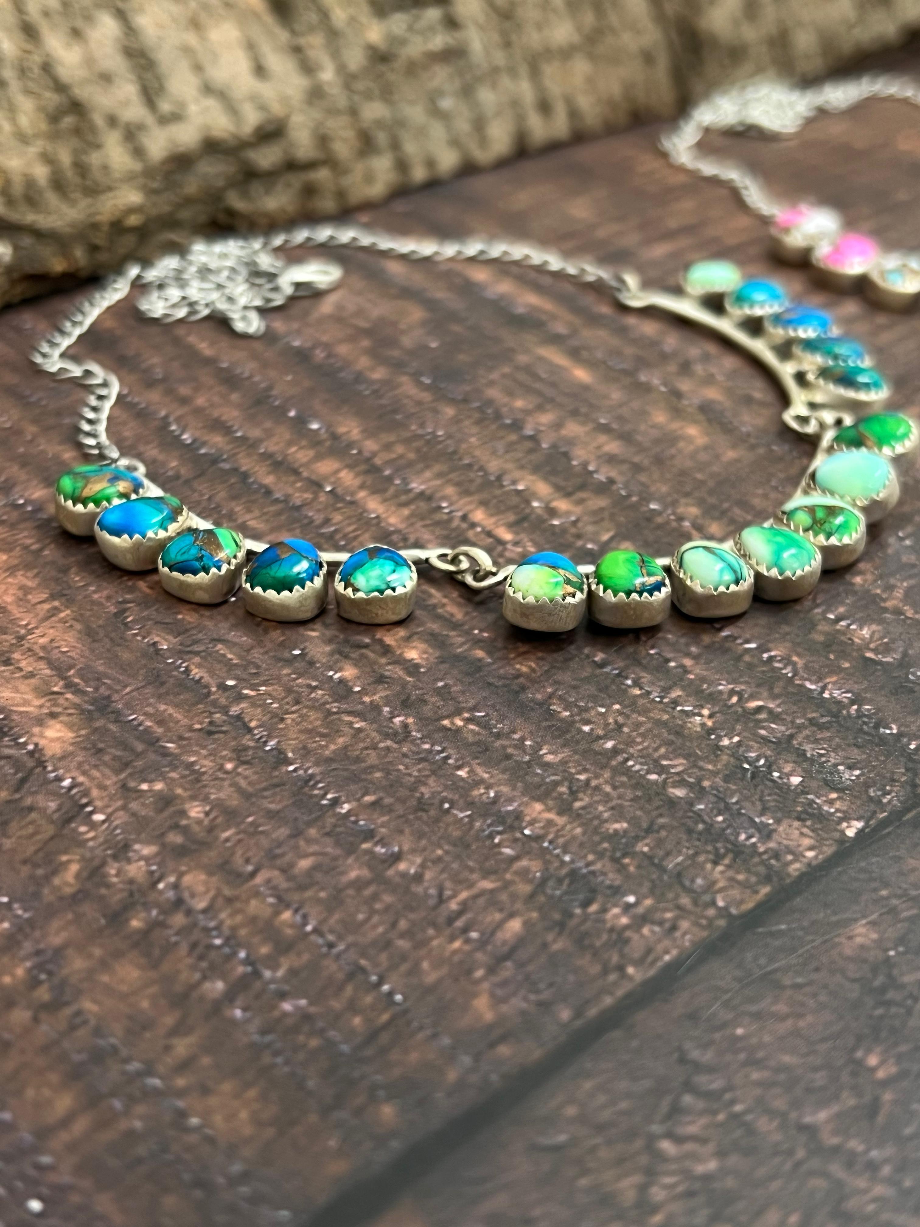 Handmade Sterling Silver Peacock Dahlia, Cotton Candy Turquoise Necklace with Signed Nizhoni