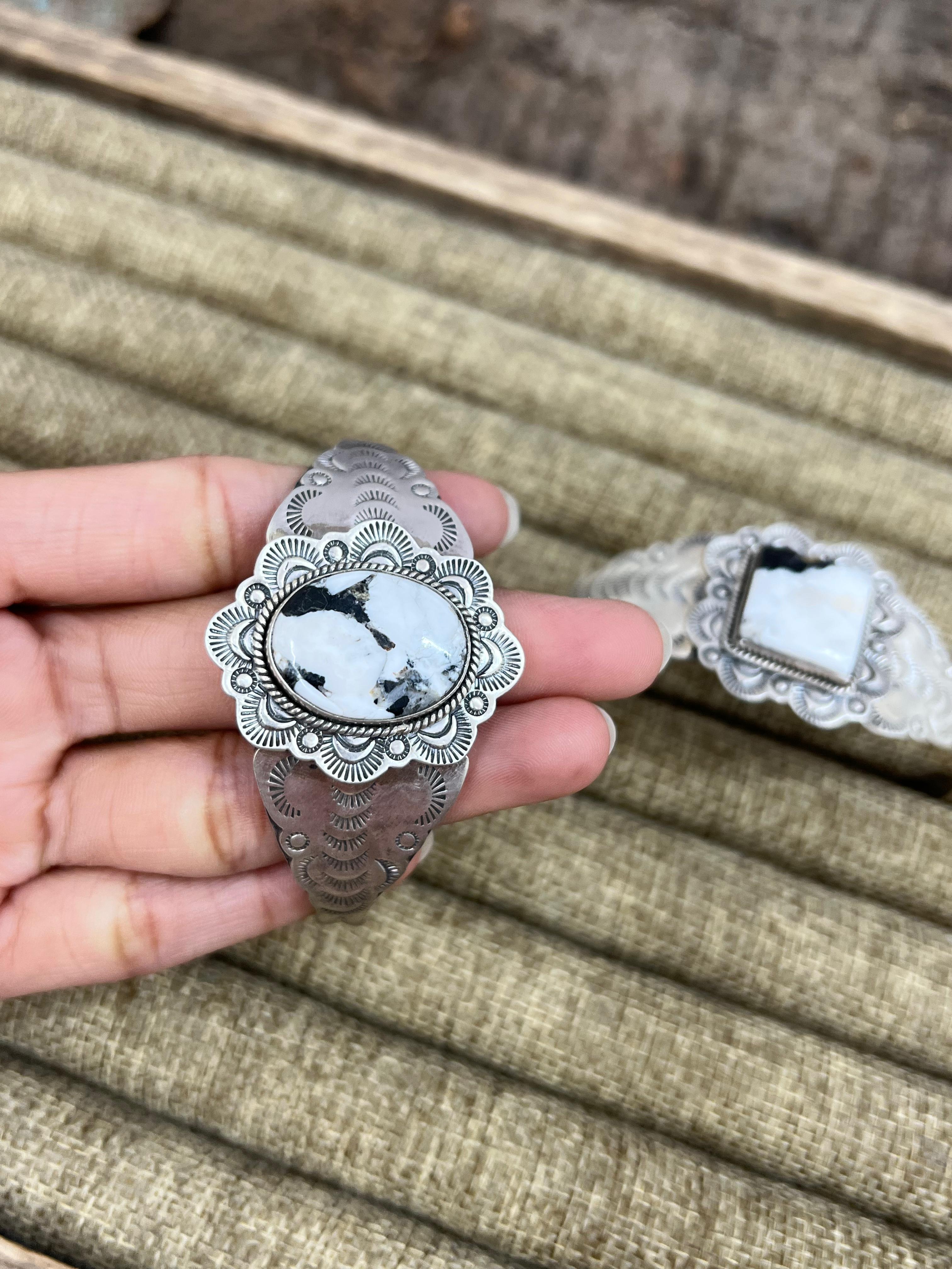 Handmade Sterling Silver White Buffalo Turquoise Cuff Bracelet with Signed Nizhoni