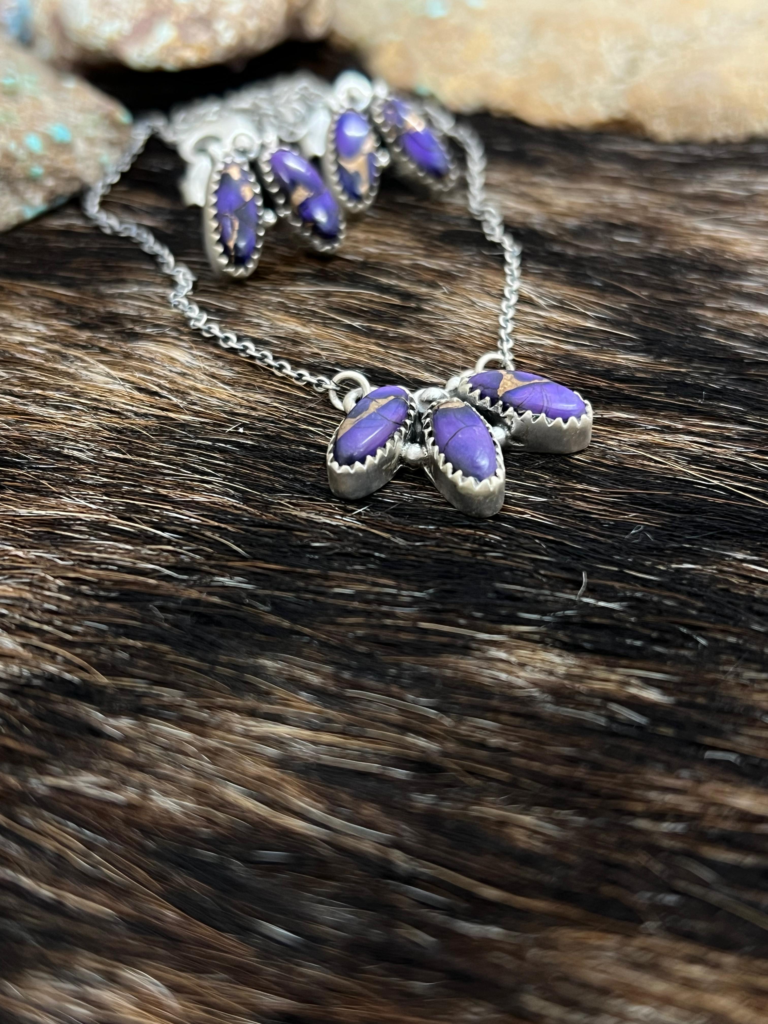 Handmade Sterling Silver Grape Dahlia Necklace Earrings Set, Signed Nizhoni