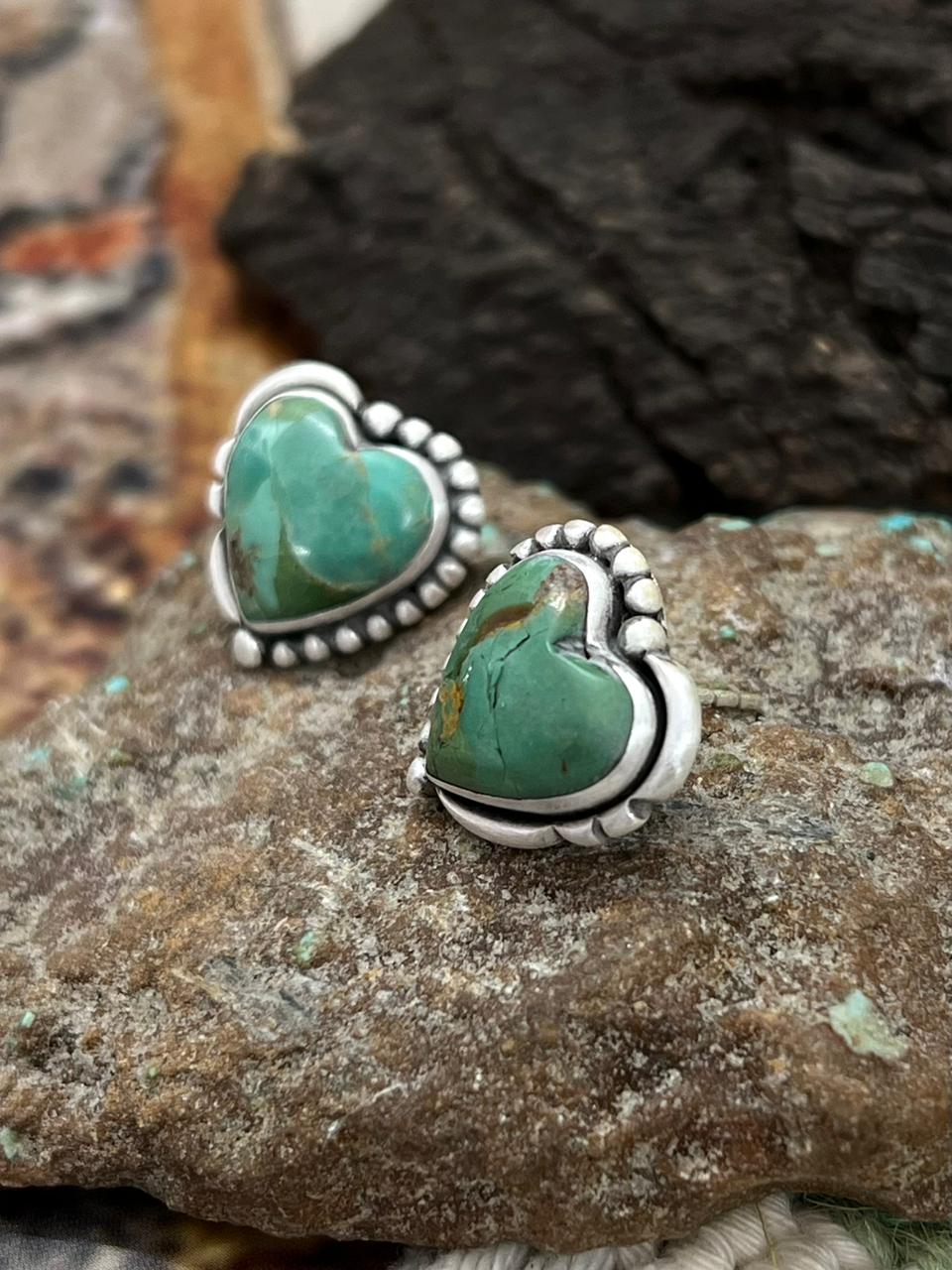 Handmade Sterling Silver Kingman Turquoise Post Earrings "Signed Nizhoni"