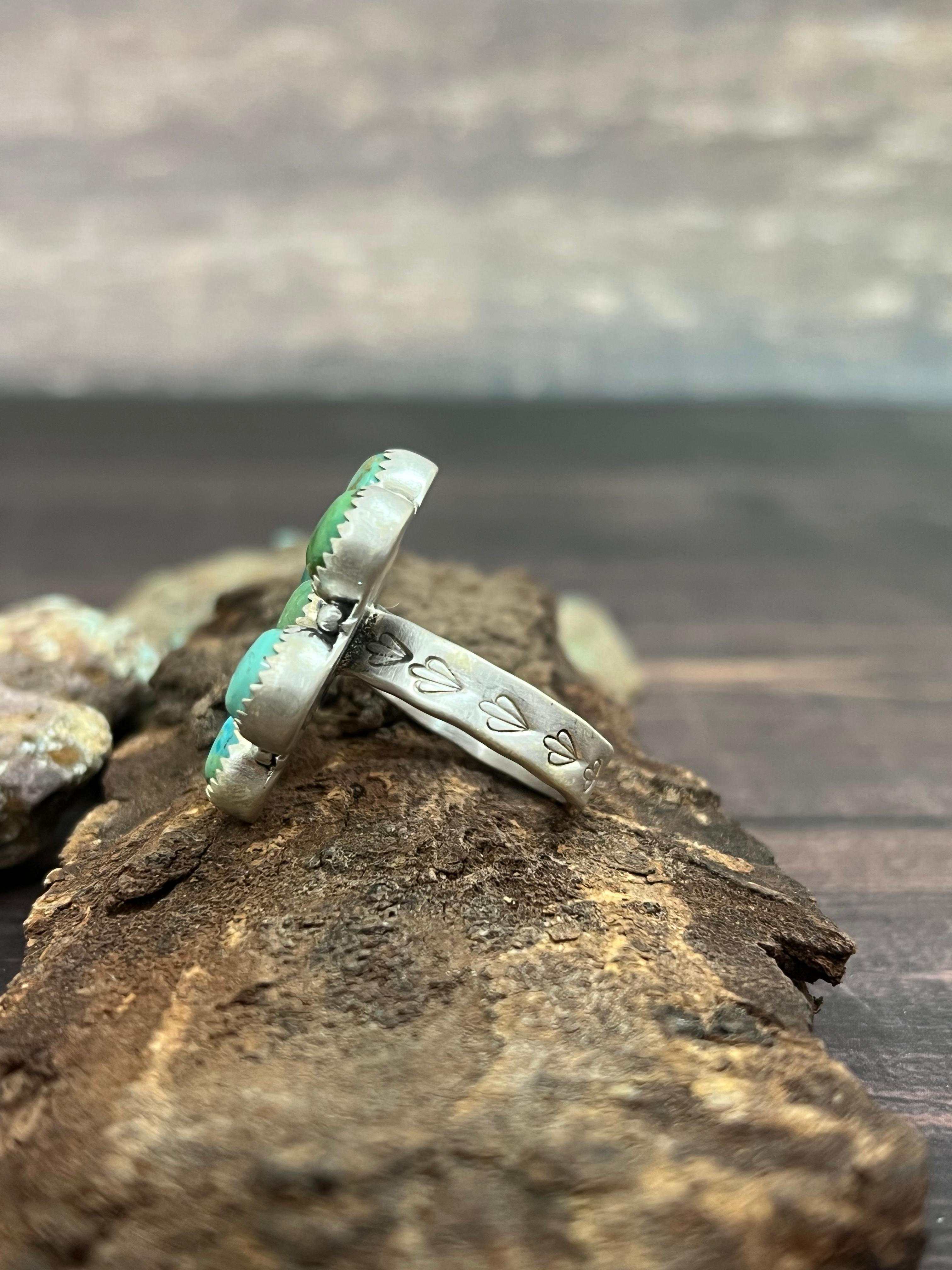 Handmade Sterling Silver Kingman Turquoise Adjustable Ring with Signed Nizhoni