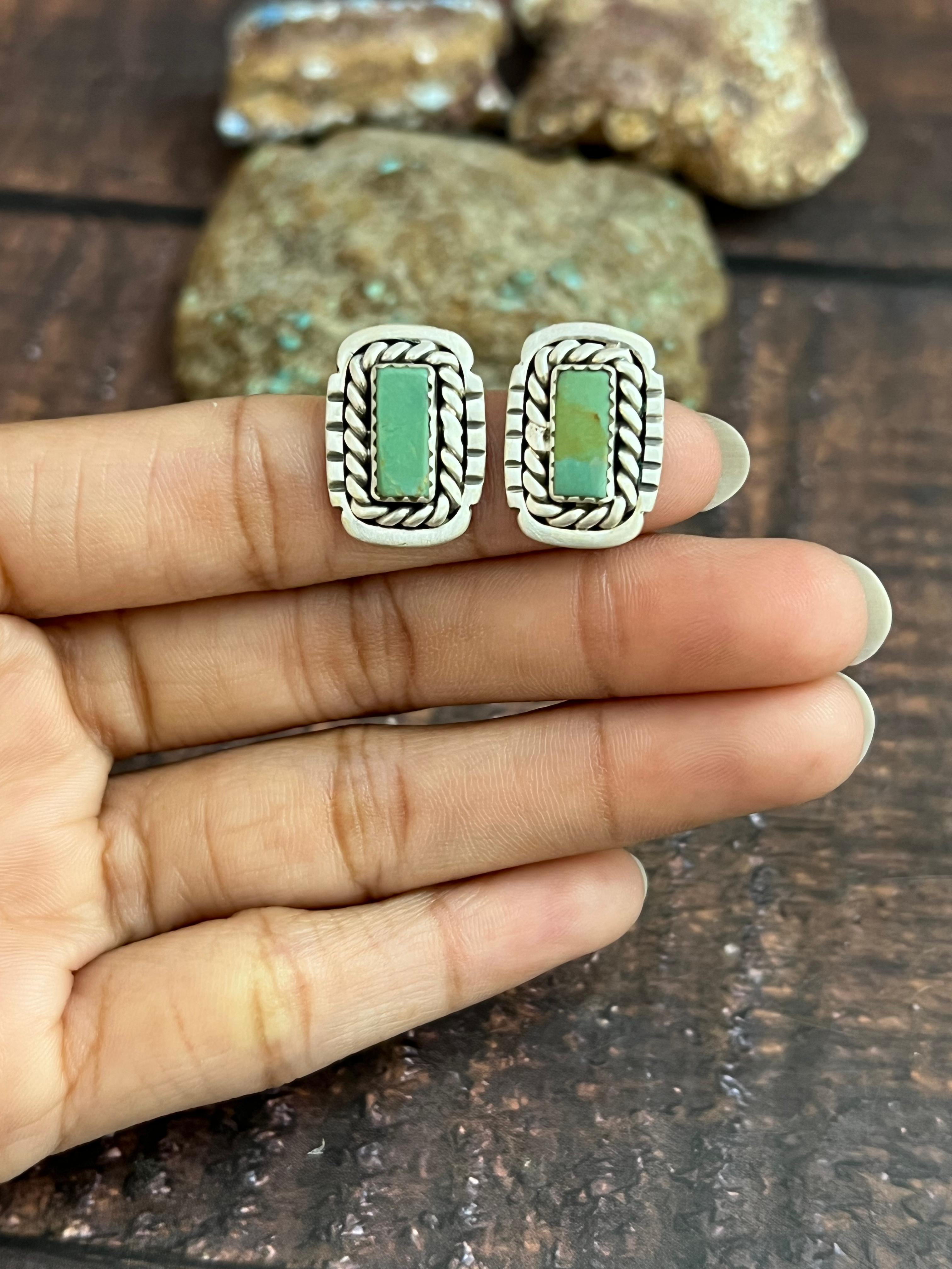 Handmade Sterling Silver Kingman Turquoise Studs with Signed Nizhoni