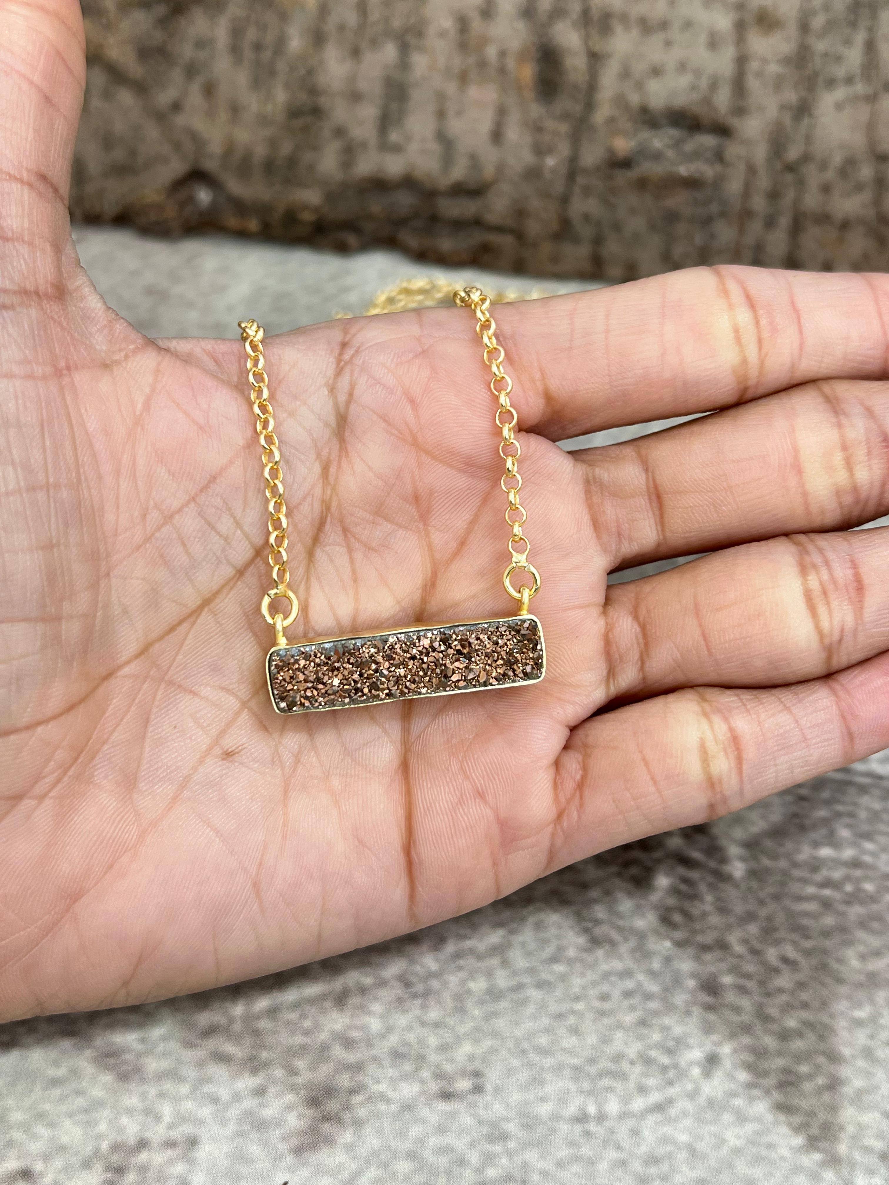 “The Boho Collection” Handmade Druzy Rose Gold Bar Necklace Signed Nizhoni