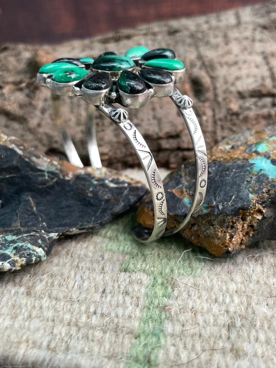 Handmade Sterling Silver Emerald Rose Cuff Bracelet "Signed Nizhoni"