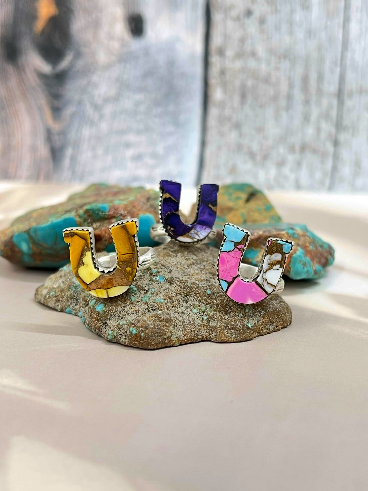 Handmade Horseshoe Sterling Silver Multistone Turquoise Adjustable Ring Signed Nizhoni