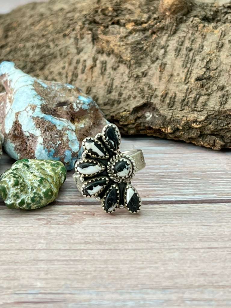 Handmade Sterling Silver White Buffalo Adjustable Ring with Signed Nizhoni