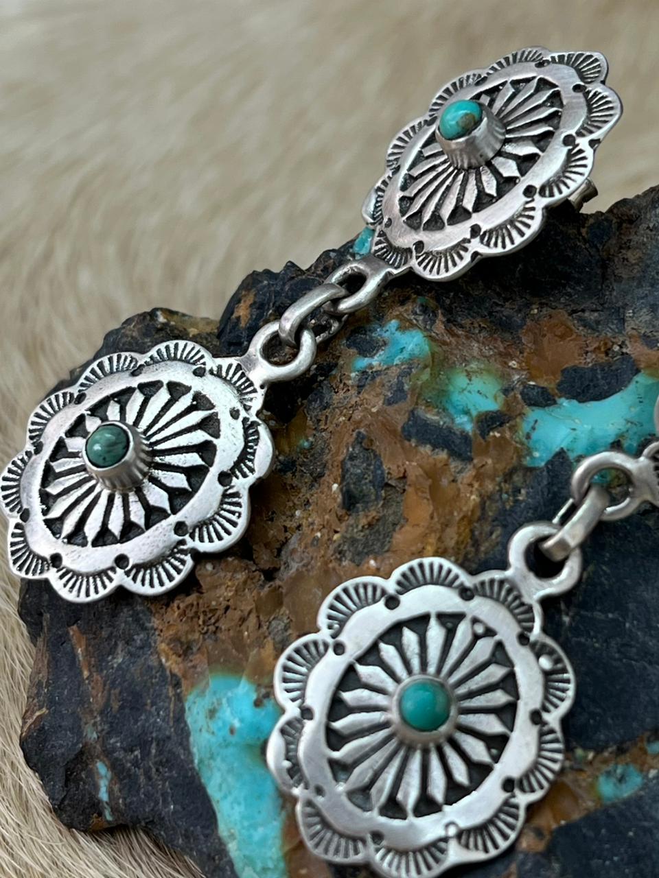 Handmade Sterling Silver Kingman Turquoise Post Dangle Earrings "Signed Nizhoni"