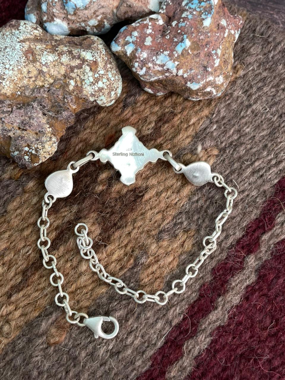 Handmade Sterling Silver White Buffalo Chain Bracelet "Signed Nizhoni"