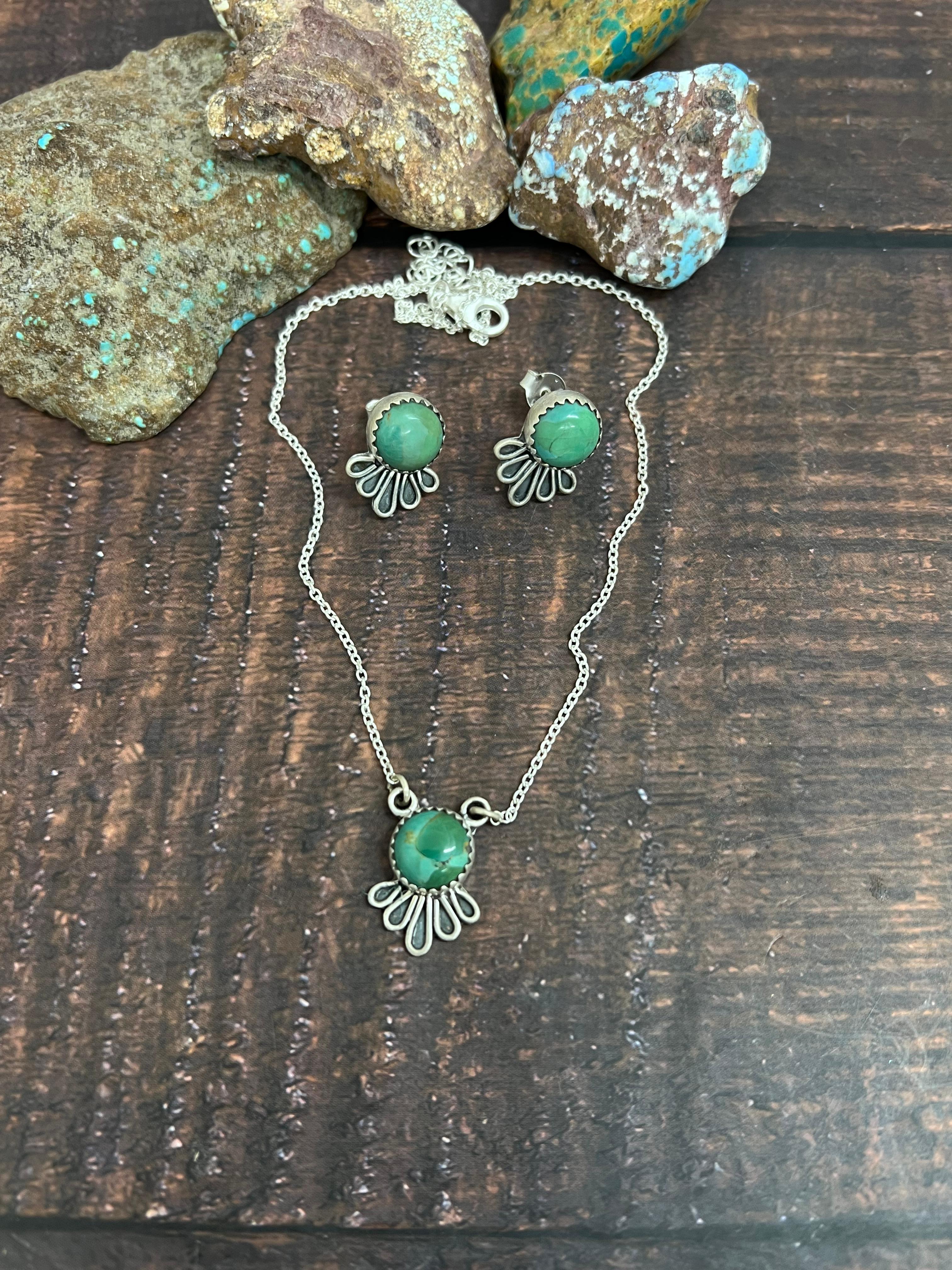 Handmade Sterling Silver Kingman Turquoise Necklace Earrings Set with Signed Nizhoni