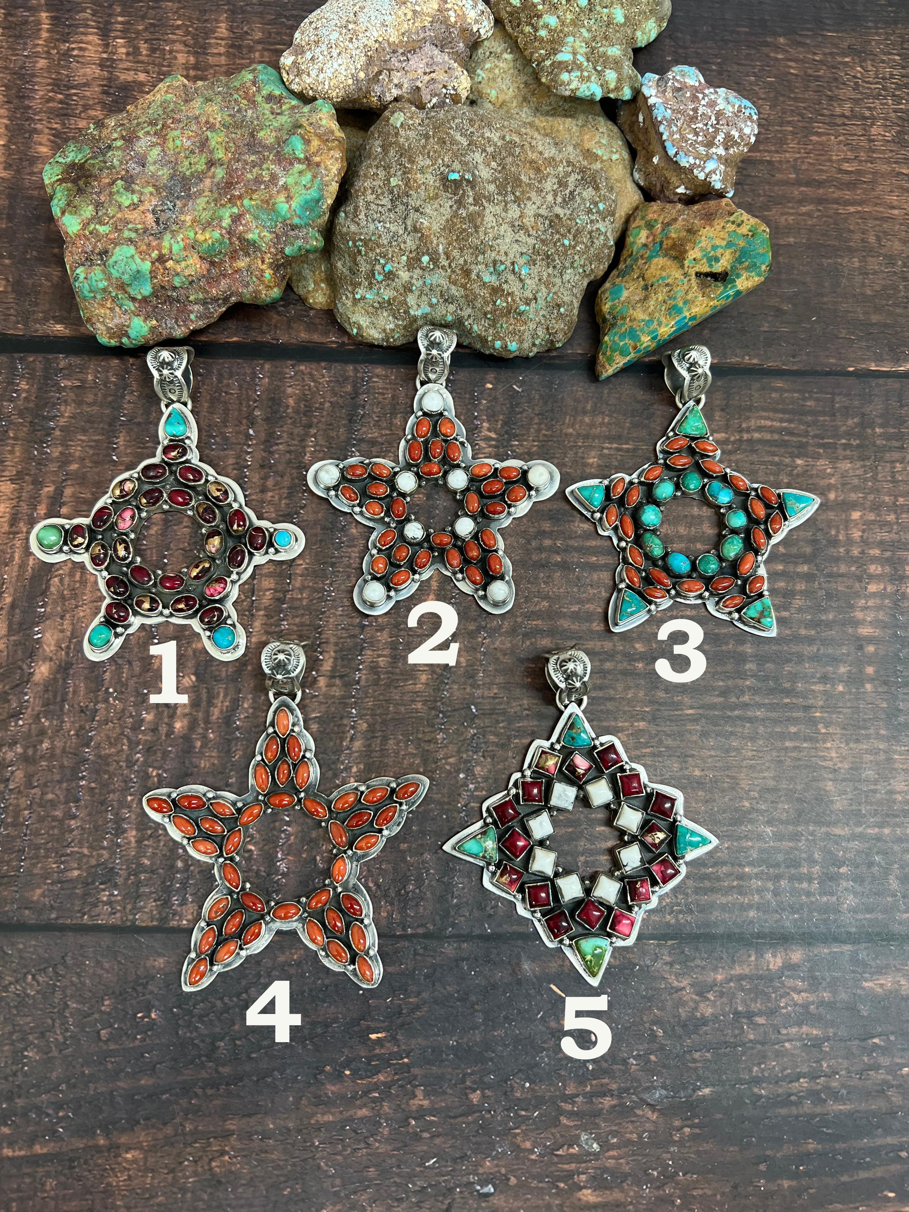 Handmade Sterling Silver Multi Stones Star Pendant, Signed Nizhoni