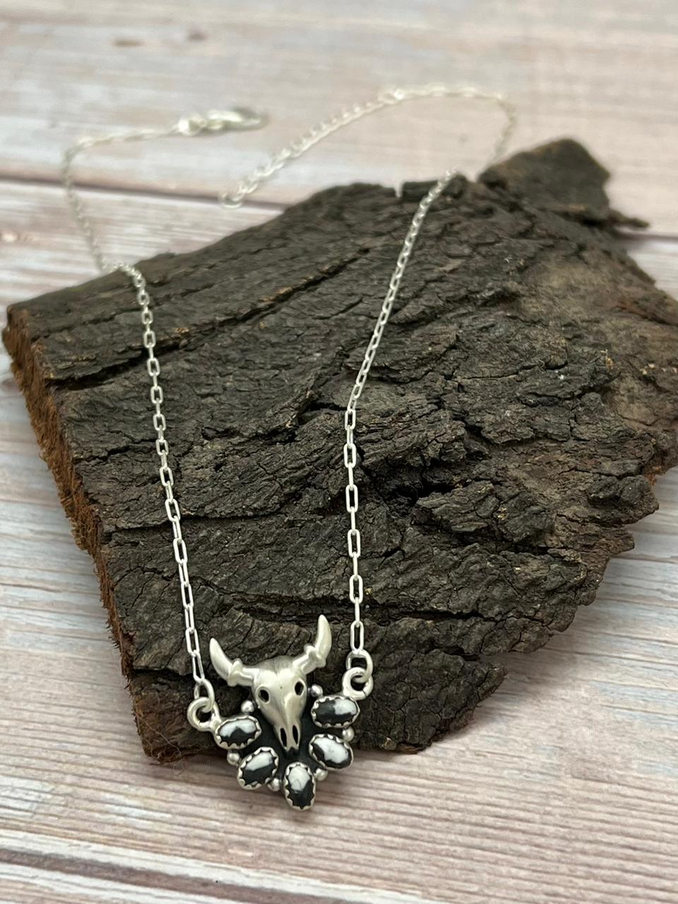 Handmade Sterling Silver White Buffalo Bull Necklace "Signed Nizhoni"