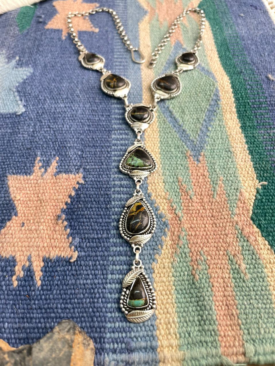 Handmade Sterling Silver Blackjack Turquoise Necklace "Signed Nizhoni"