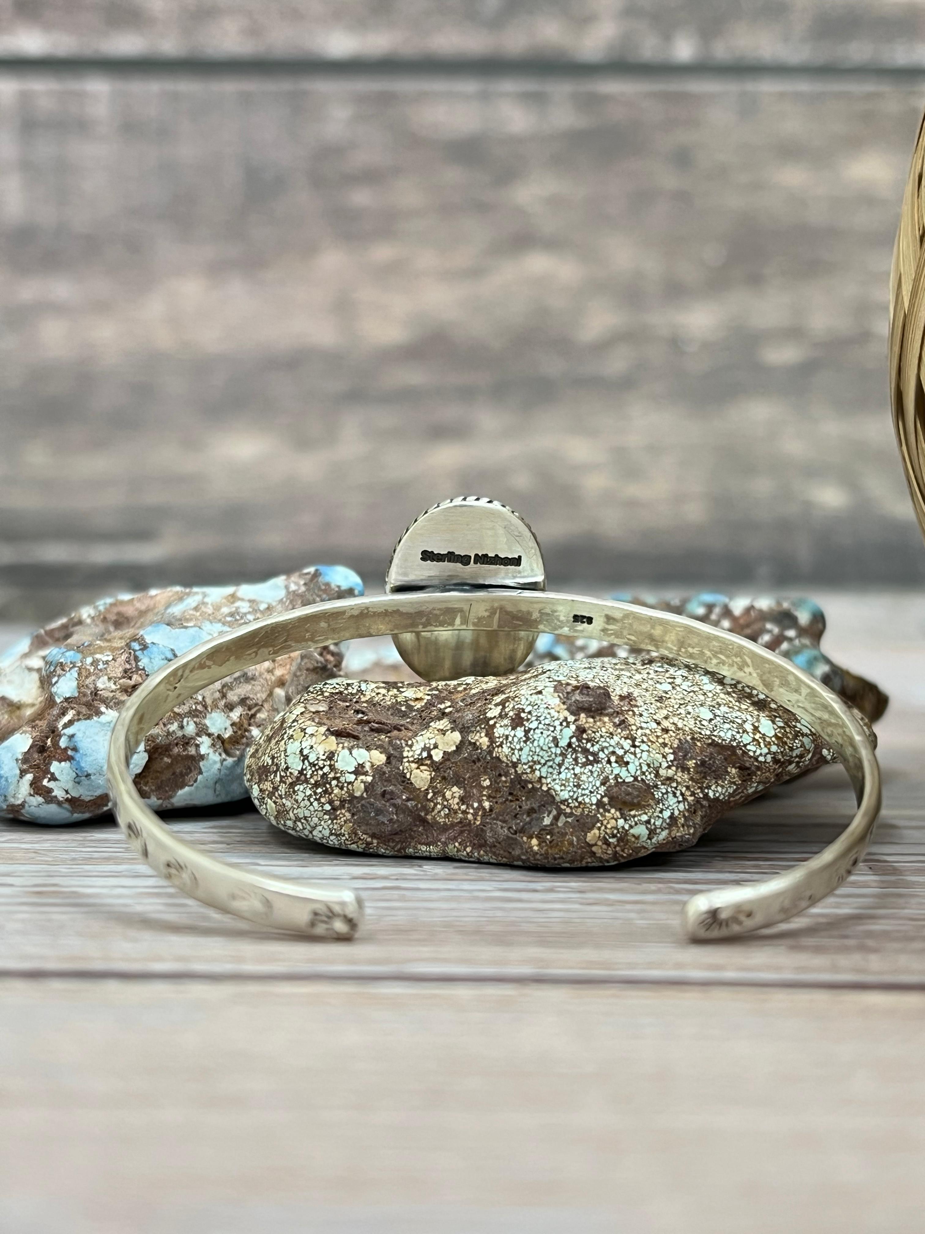 Handmade Sterling Silver Golden Hills Turquoise Cuff Bracelet with Signed Nizhoni