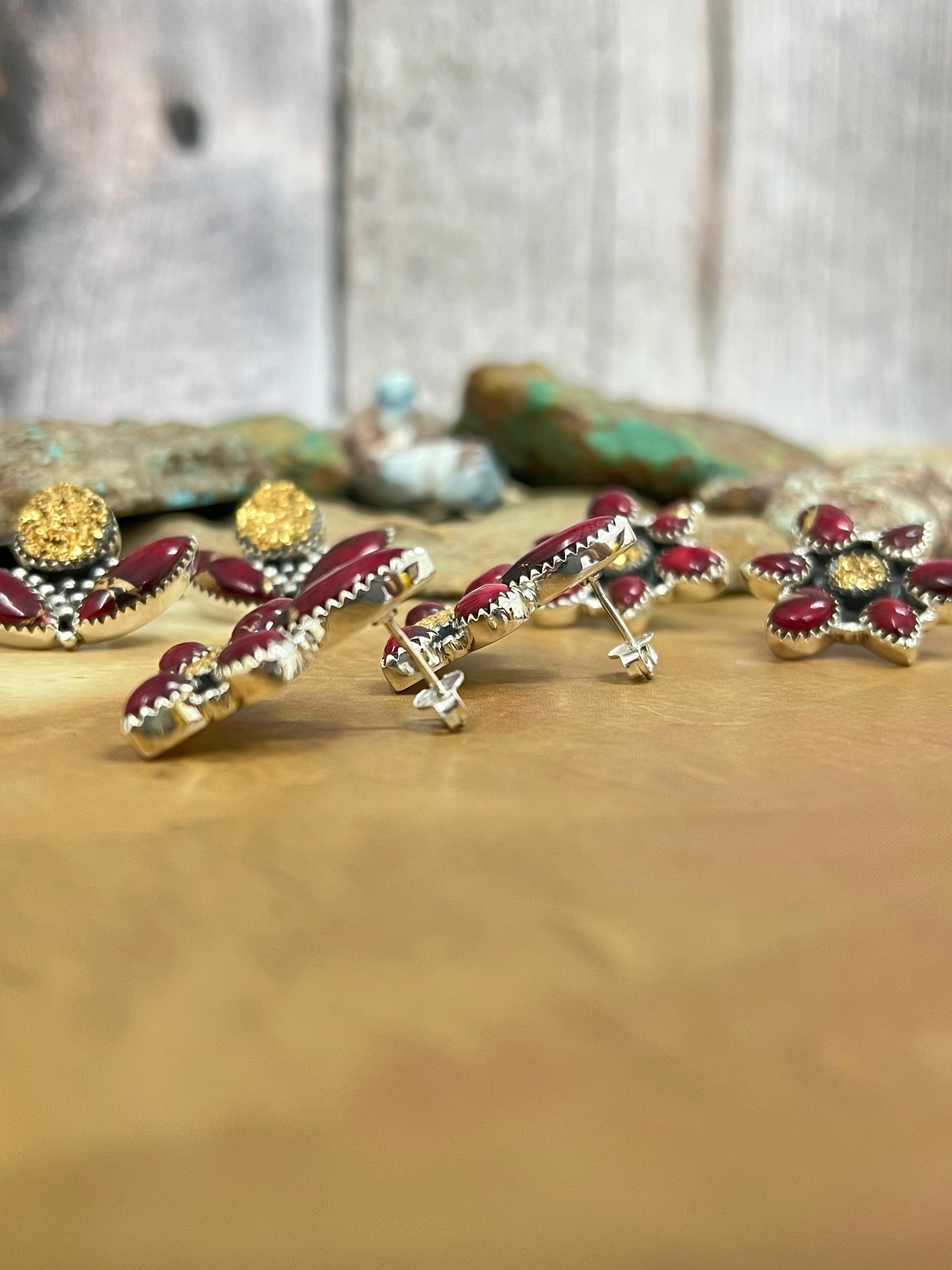 Handmade Sterling Silver Dahlia Rose with Druzy Studs, Signed Nizhoni