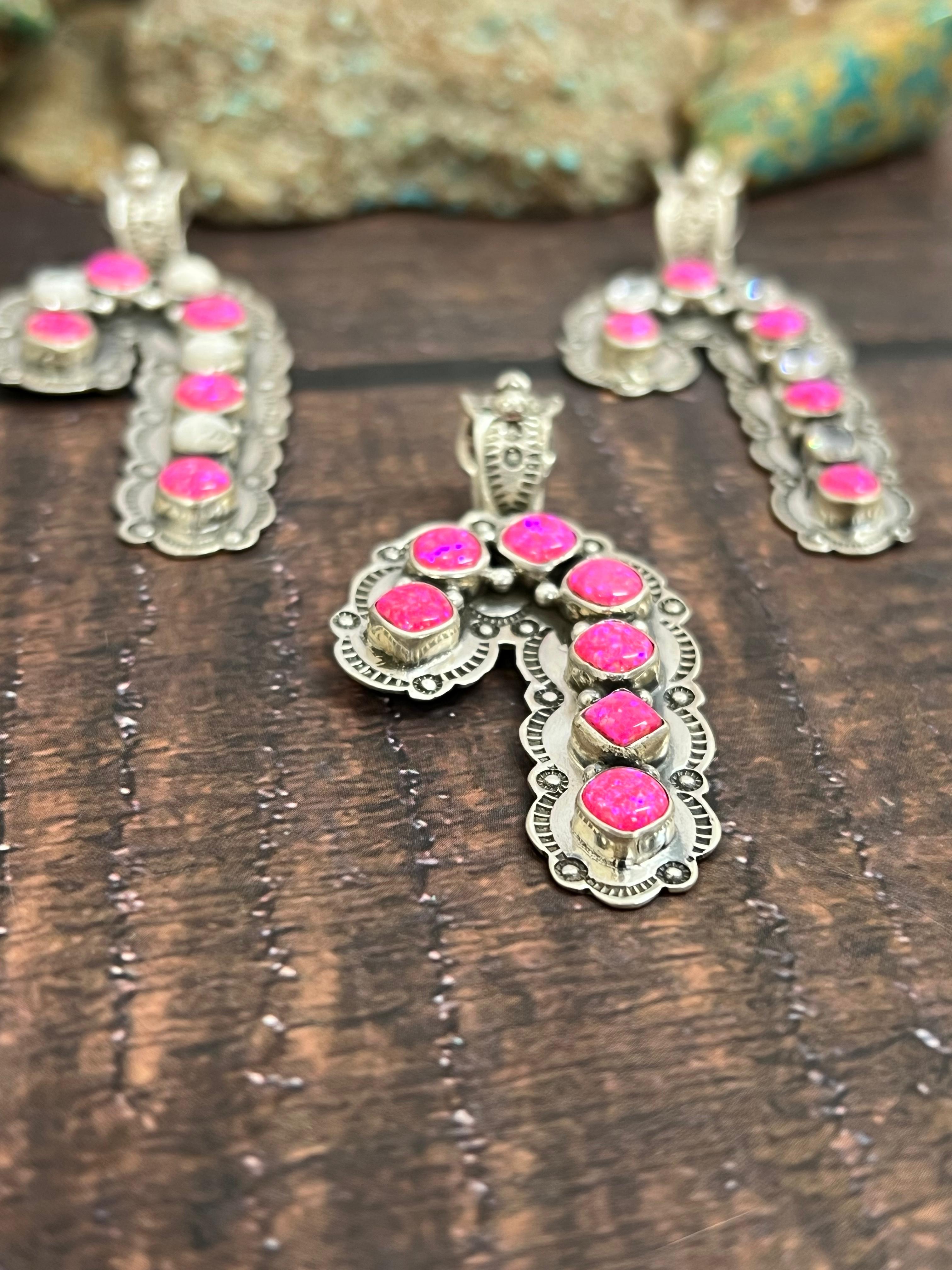 Handmade Sterling Silver Hot Pink with CZ, White Buffalo Pendant, Signed Nizhoni