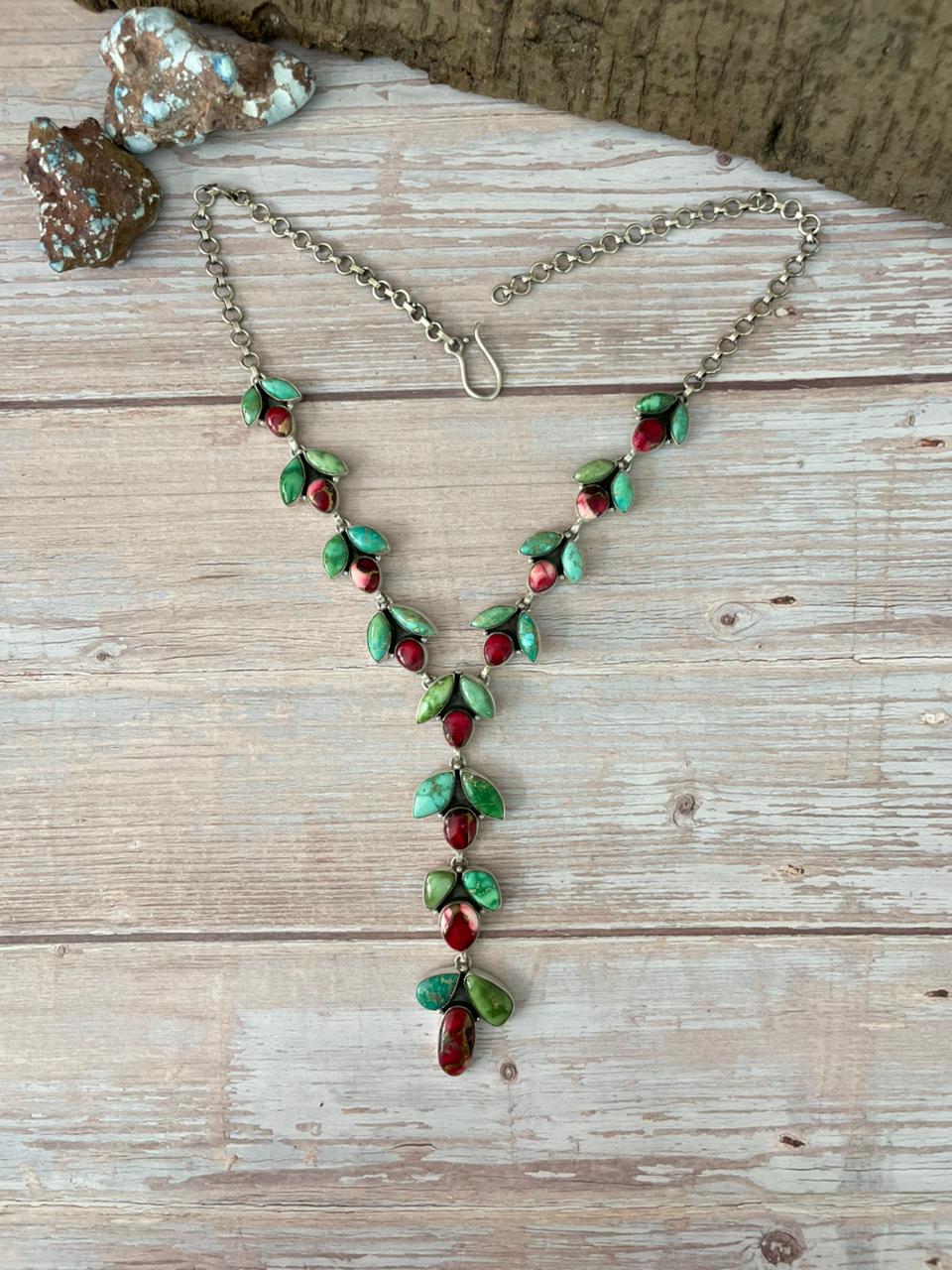 Handmade Sterling Silver Dahlia Rose with Emerald Valley Turquoise Necklace "Signed Nizhoni"