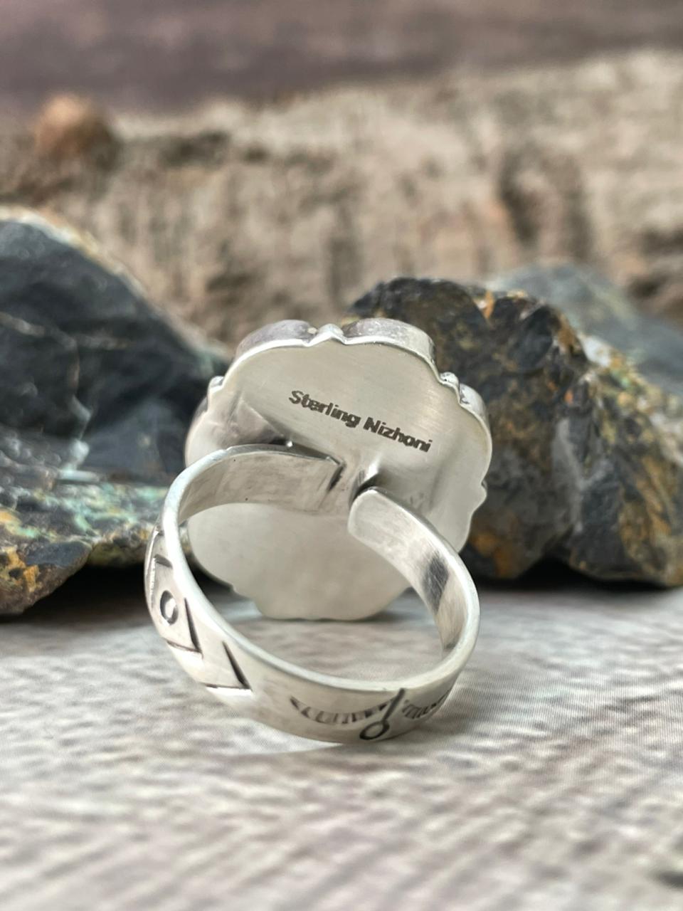 Handmade Sterling Silver Sonoran with Cut Stones Adjustable Ring "Signed Nizhoni"