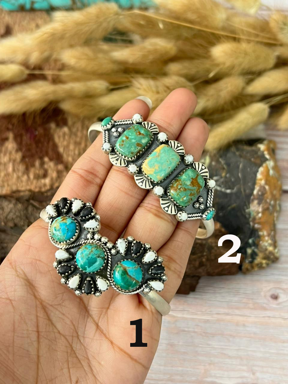 Handmade Sterling Silver Kingman and Manassa Turquoise with White Buffalo Cuff Bracelet "Signed Nizhoni"