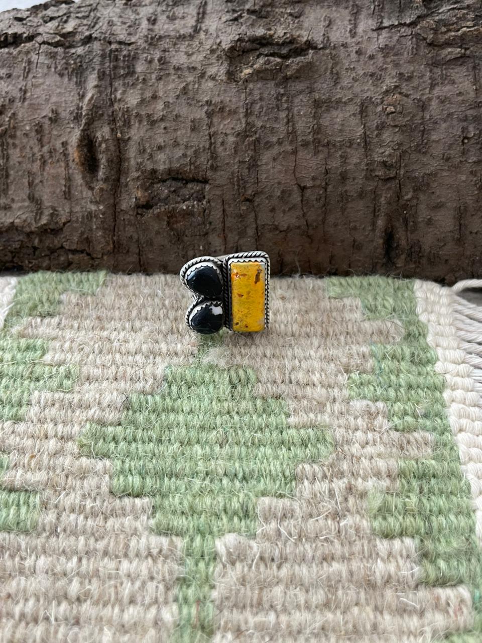 "Halloween Collection" Handmade Sterling Silver Black Onyx, Bumblebee Adjustable Ring with Signed Nizhoni