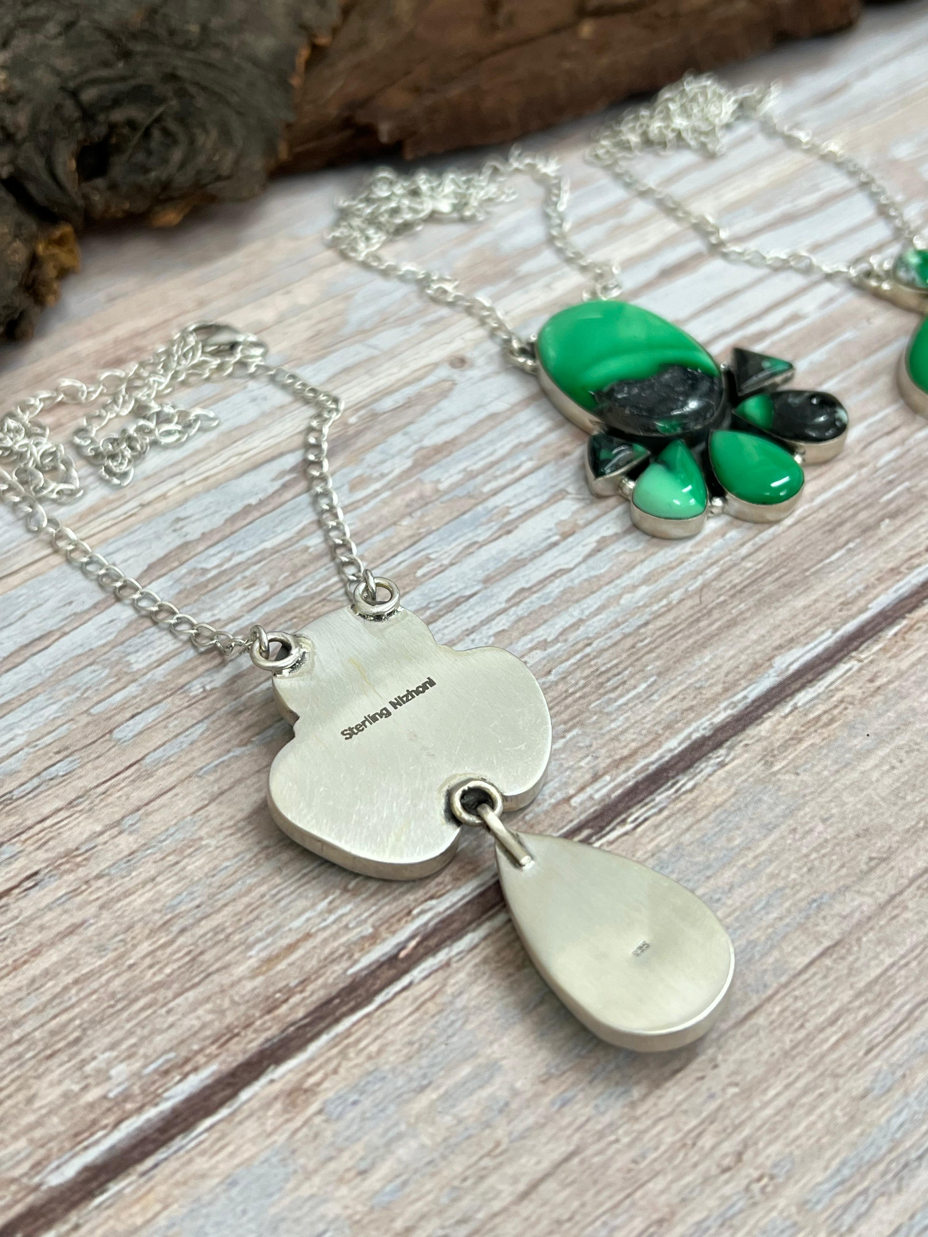 Handmade Sterling Silver Emerald Rose Necklace with Signed Nizhoni