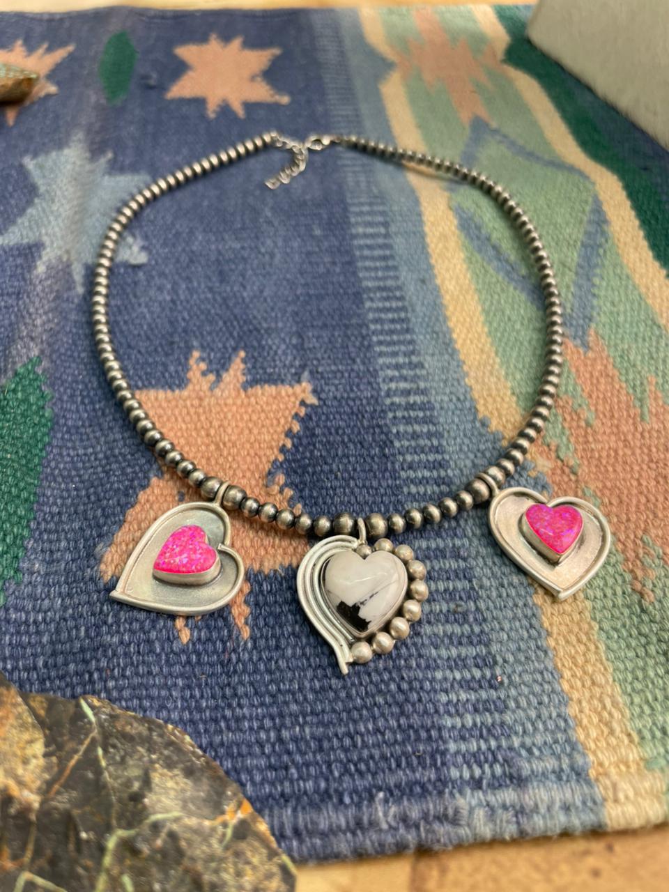 Handmade Sterling Silver White Buffalo with Hot Pink Beaded Heart Necklace "Signed Nizhoni"