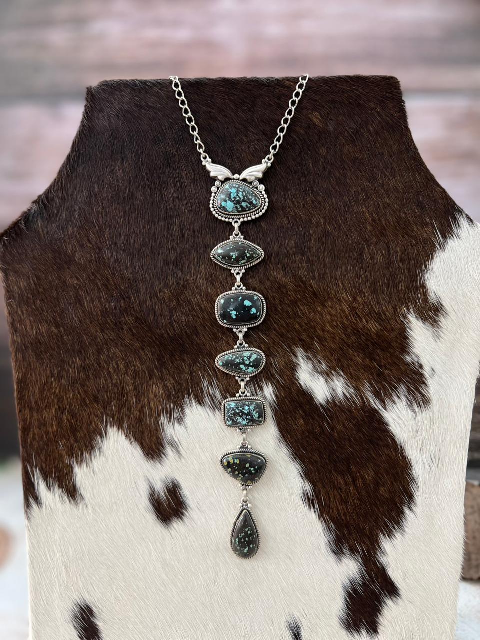 Handmade Sterling Silver Lander Turquoise Necklace with Signed Nizhoni