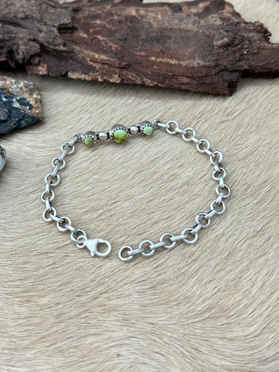 Handmade Sterling Silver Palomino Turquoise Chain Bracelet "Signed Nizhoni"