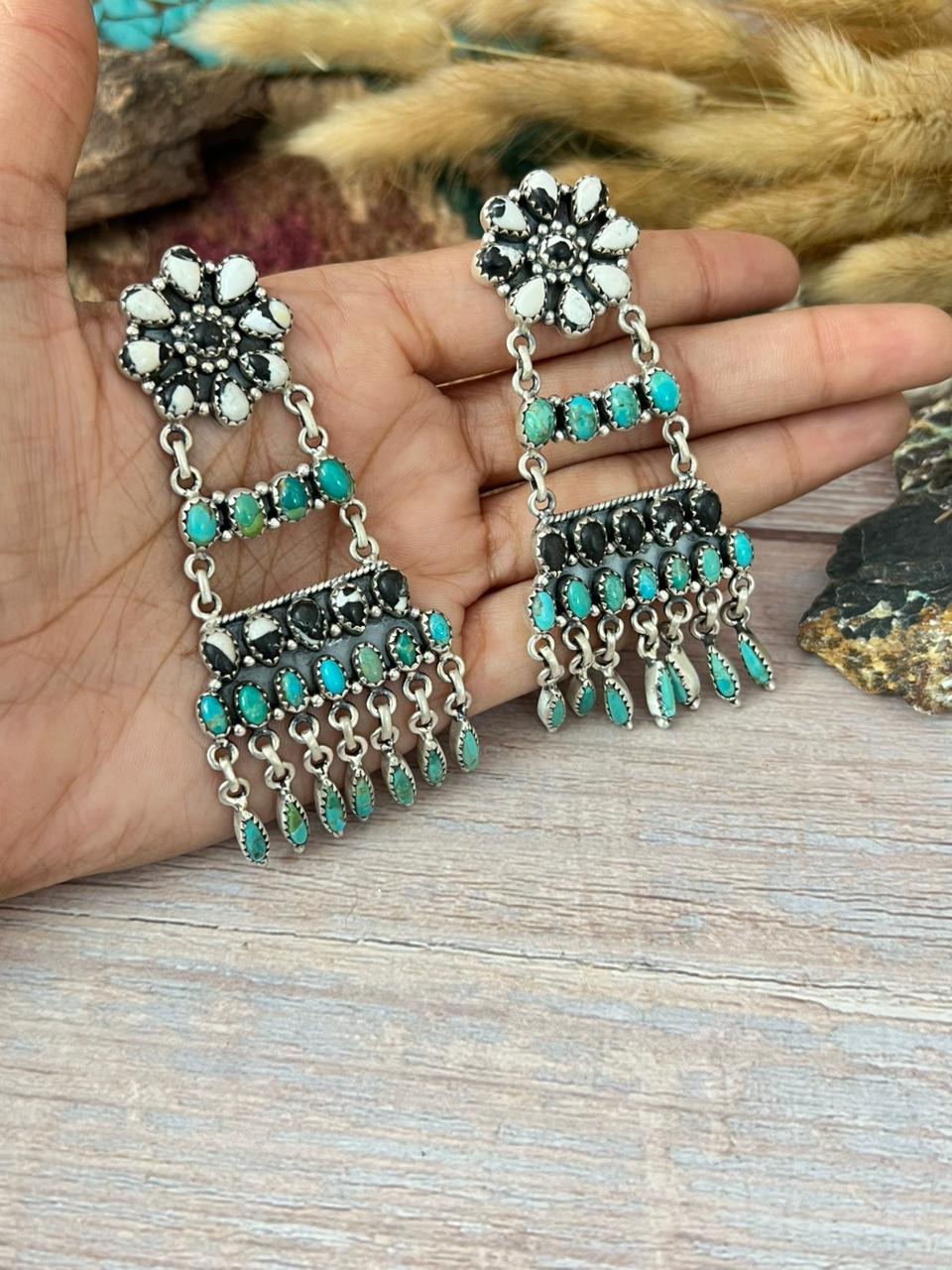 Handmade Sterling Silver Kingman Turquoise with White Buffalo Post Dangle Earrings "Signed Nizhoni"