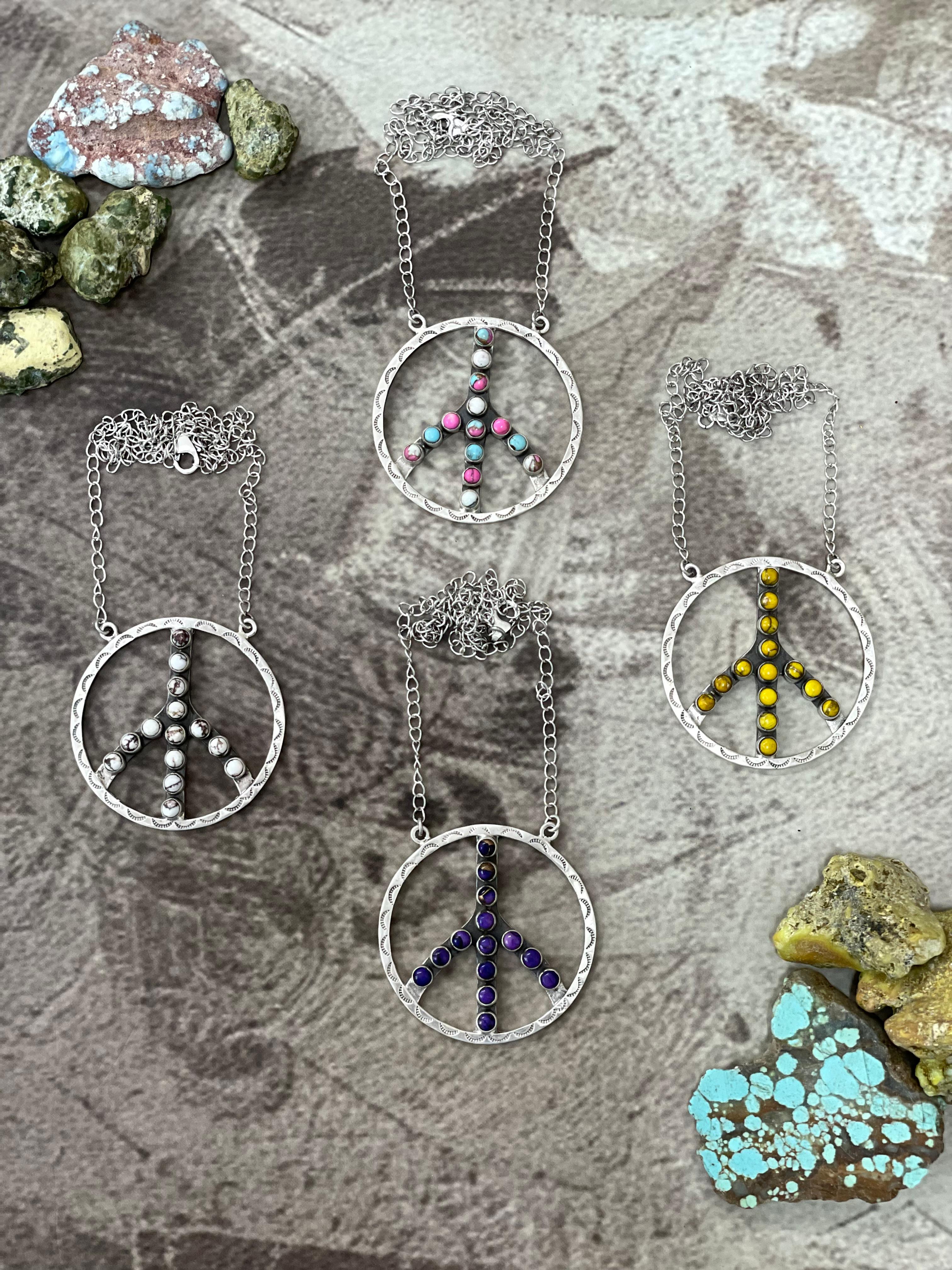 Handmade Sterling Silver Multi Stone PEACE Necklace Signed Nizhoni