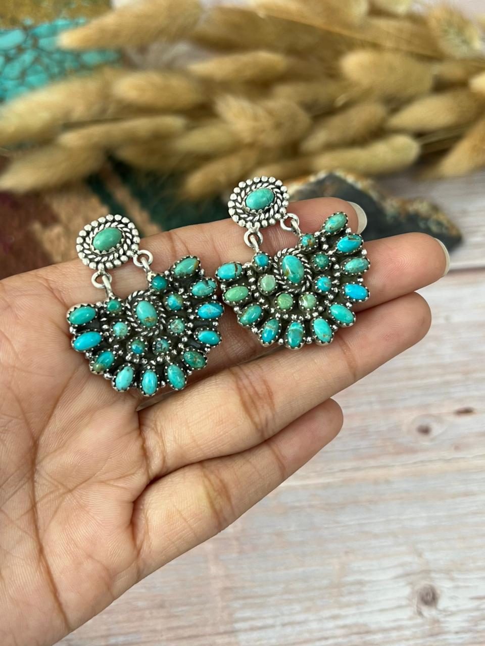 Handmade Sterling Silver Kingman Turquoise Post Dangle Earrings "Signed Nizhoni"