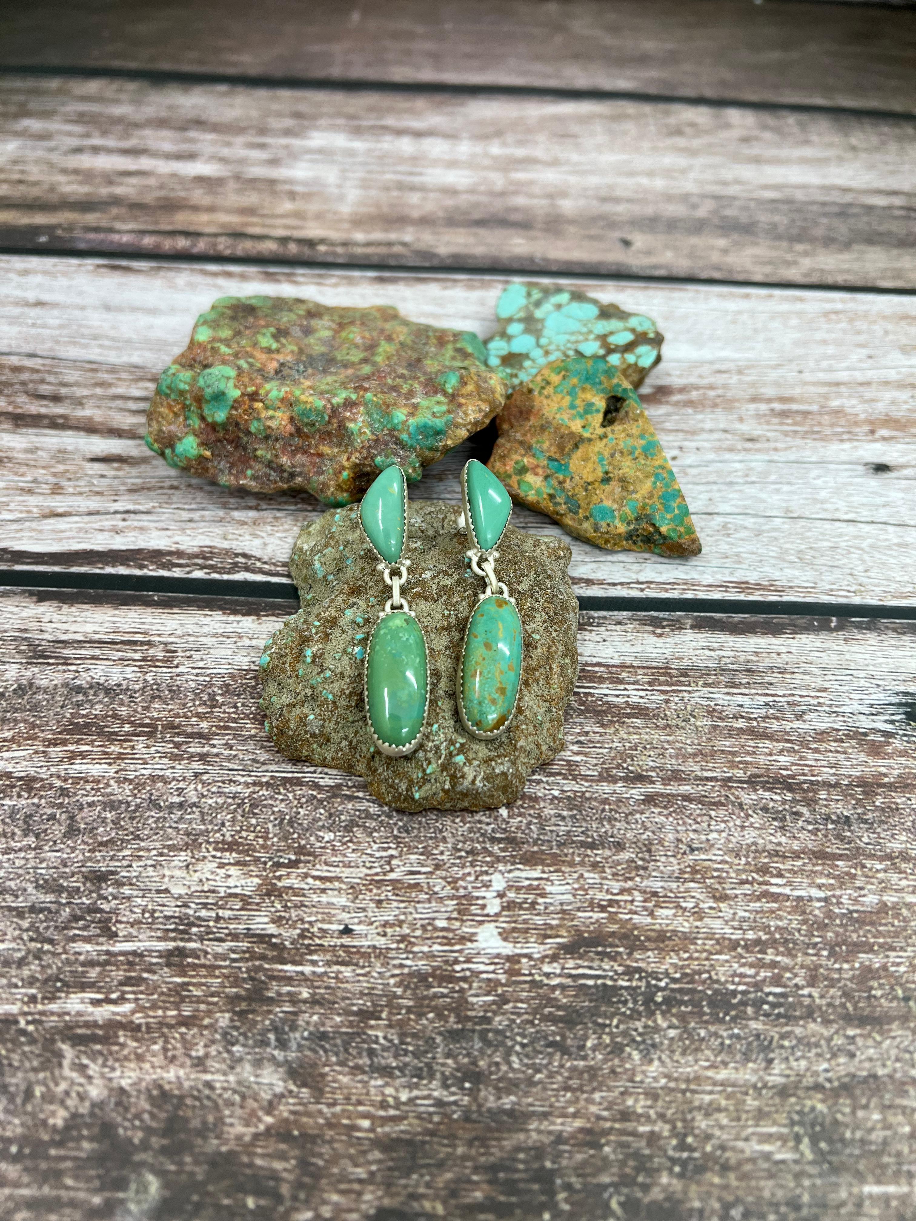 Handmade Sterling Silver Royston Turquoise Dangle Earrings with Signed Nizhoni