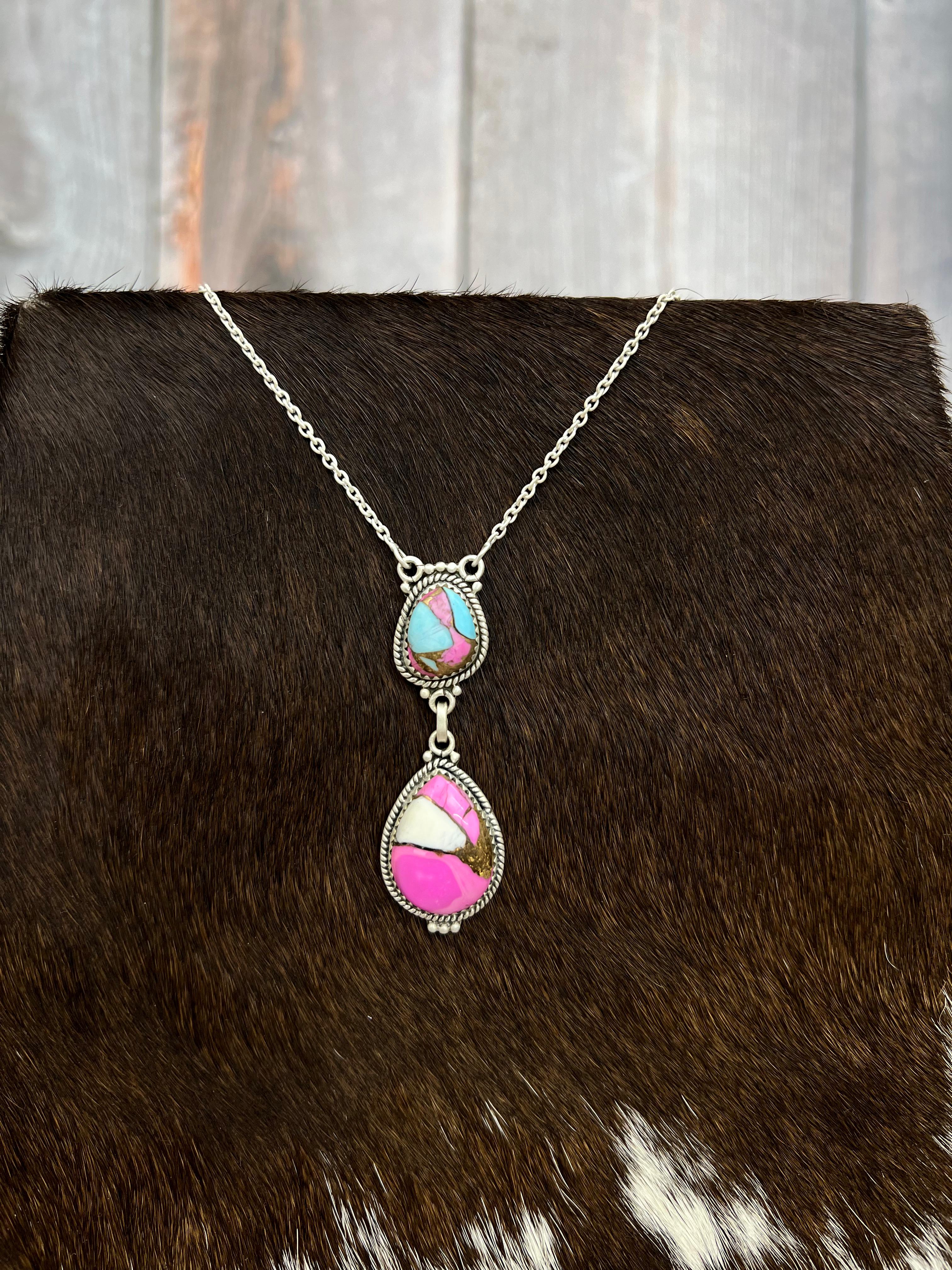 Handmade Sterling Silver Cotton Candy Turquoise Necklace with Signed Nizhoni