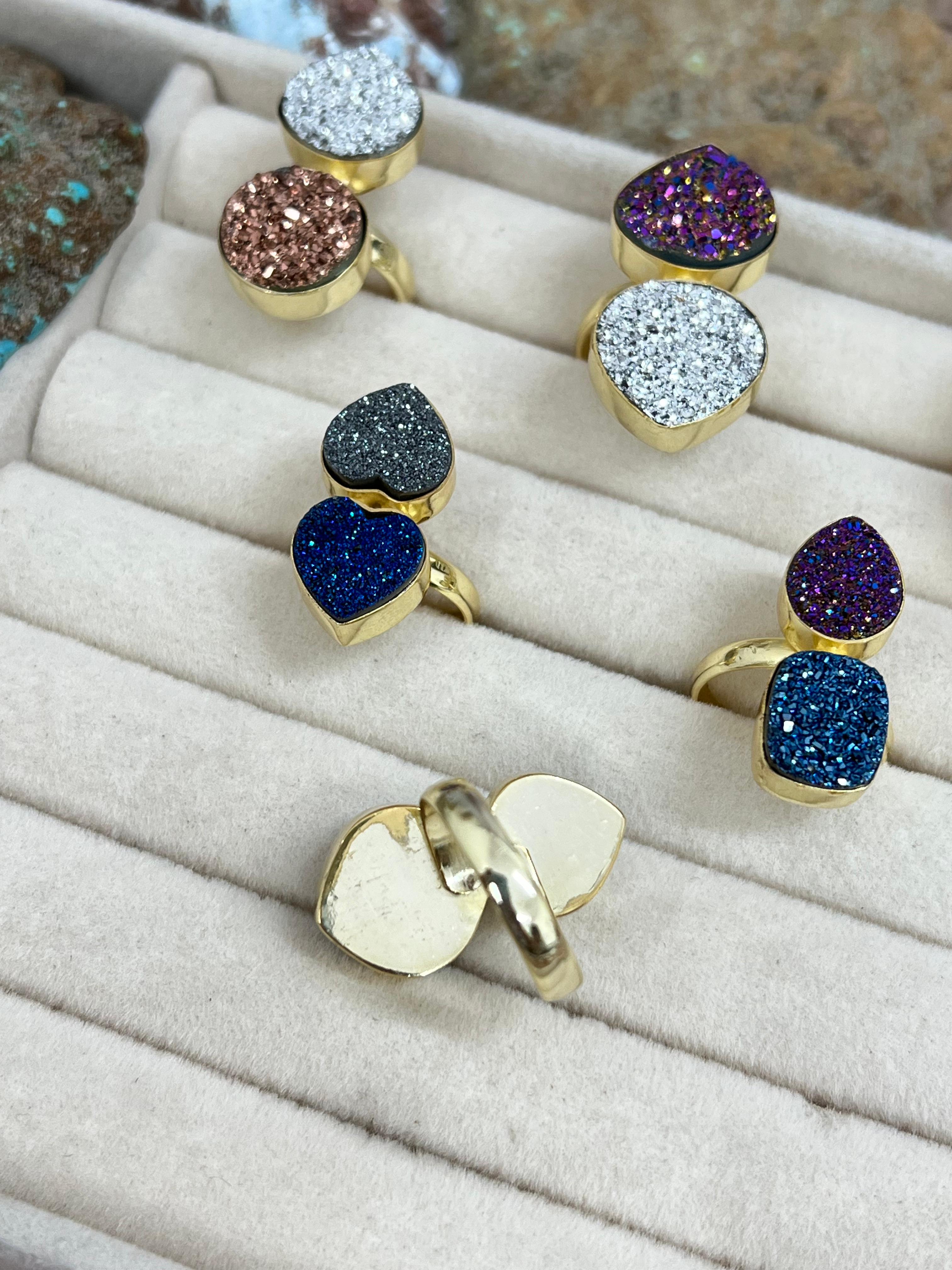 “The Boho Collection” Handmade Natural Druzy 2 Stone Adjustable Ring