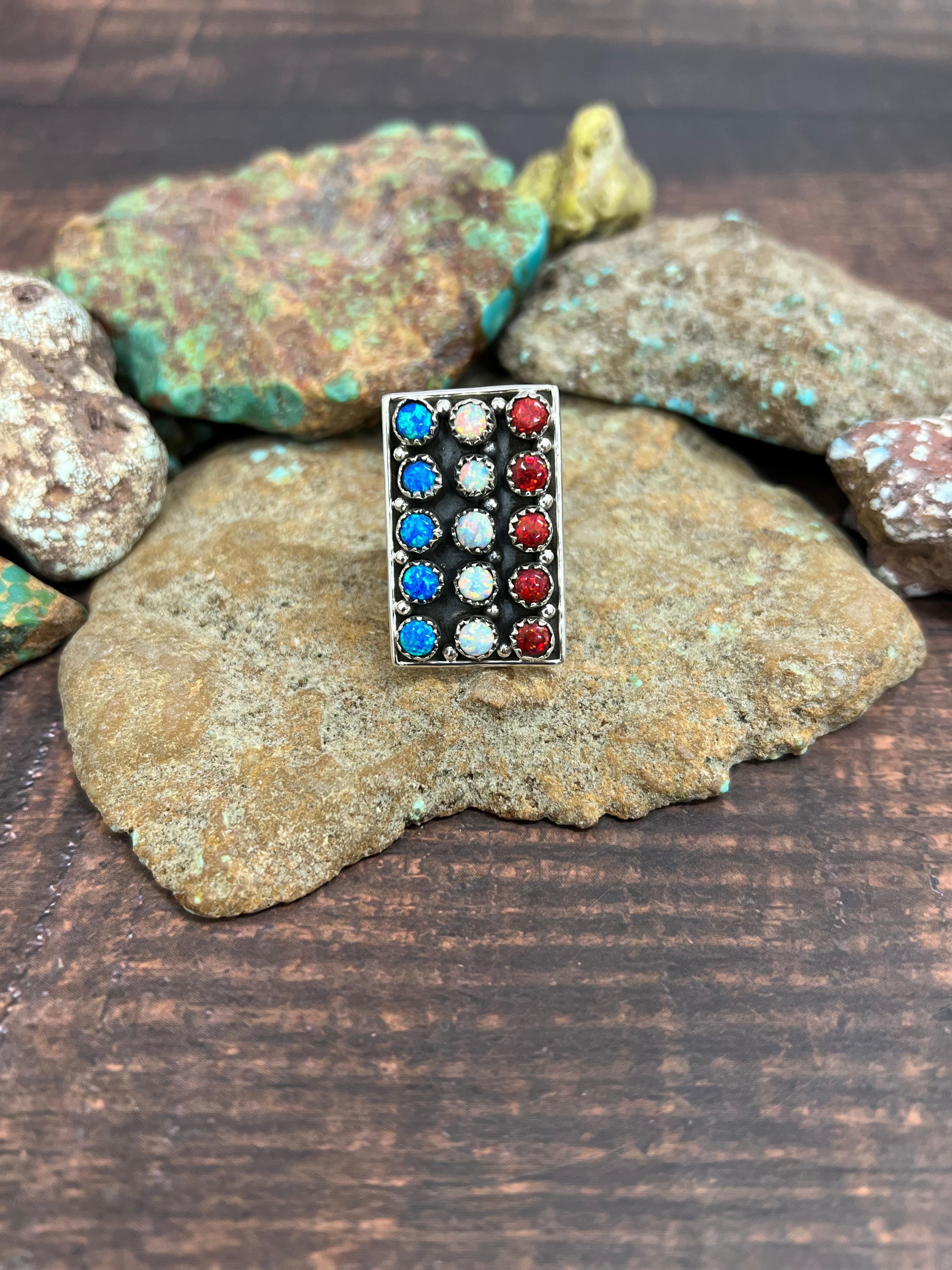** 4TH OF JULY ** Handmade Sterling Silver Synthetic Opal Adjustable Ring with Signed Nizhoni