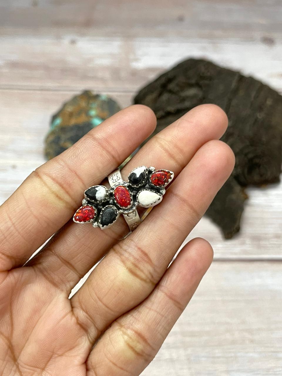 "Christmas Collection" Handmade Sterling Silver White Buffalo with Red Opal Adjustable Ring "Signed Nizhoni"