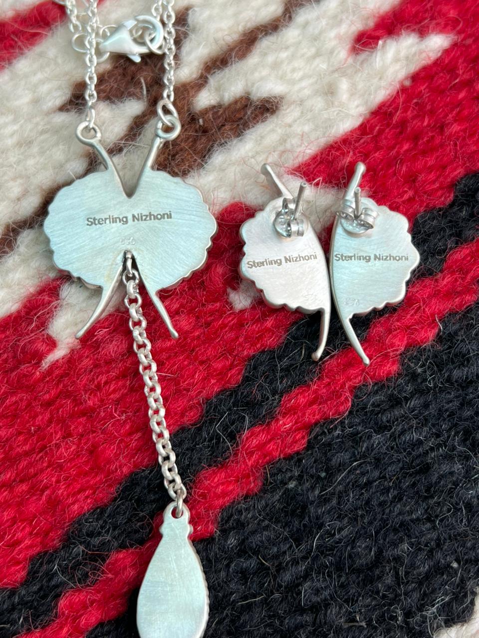 Handmade Sterling Silver Kingman Turquoise Necklace Earrings Set "Signed Nizhoni"