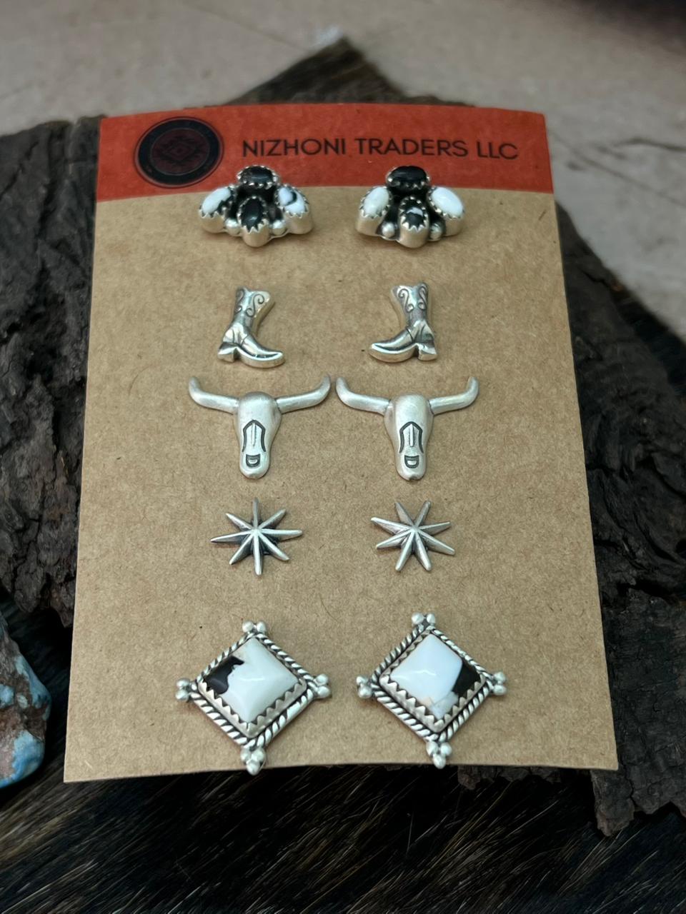 Handmade Sterling Silver White Buffalo Post Studs Earrings Set