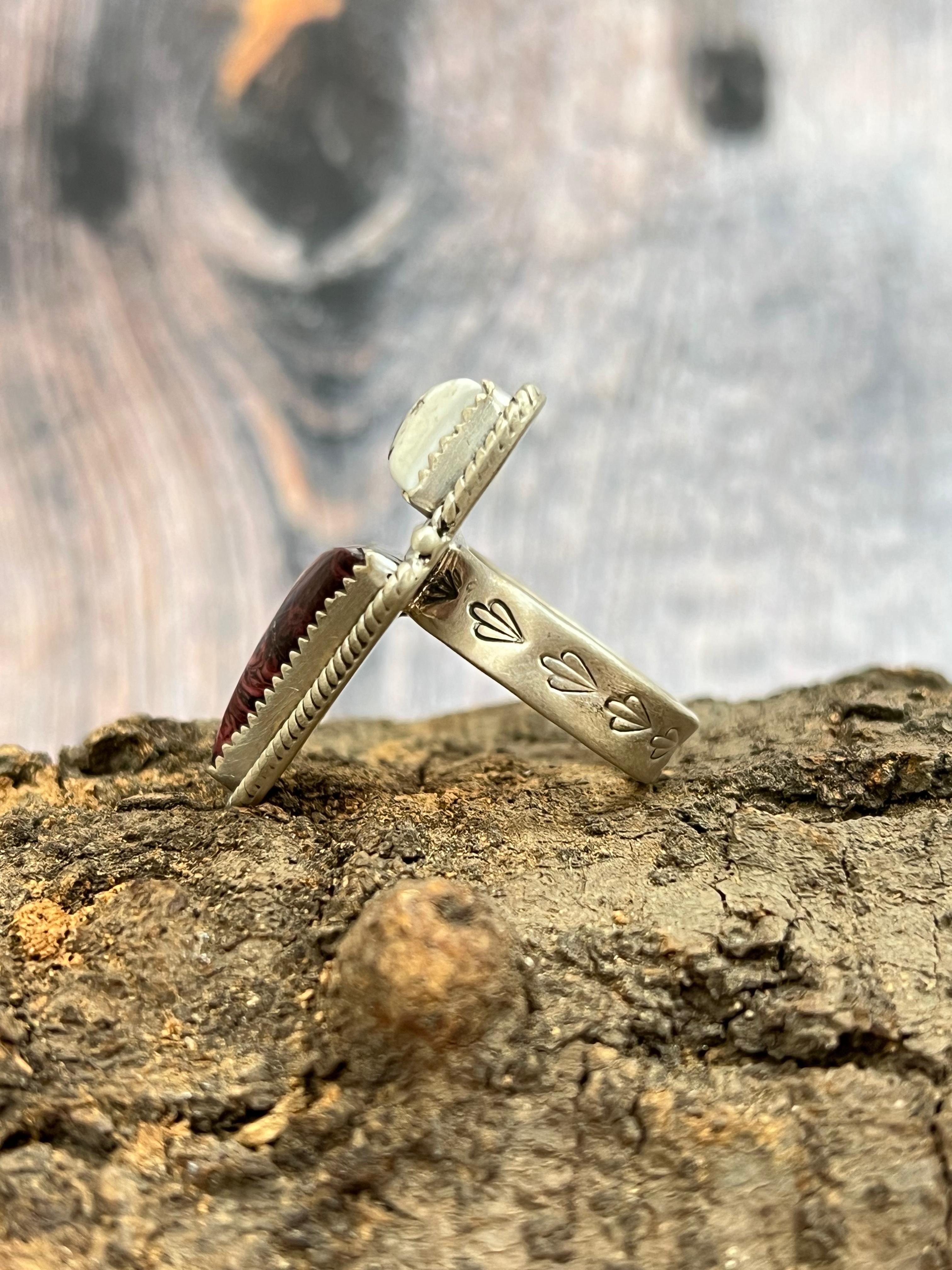 Handmade Sterling Silver Wild Horse with Dahlia Rose Adjustable Ring with Signed Nizhoni