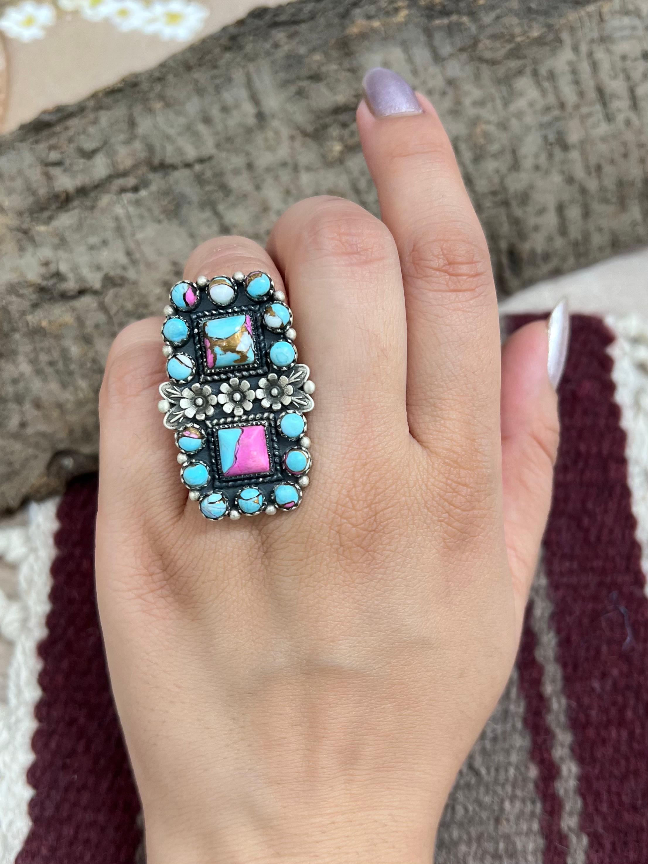 Handmade Sterling Silver Cotton Candy Turquoise Adjustable Rings with Signed Nizhoni