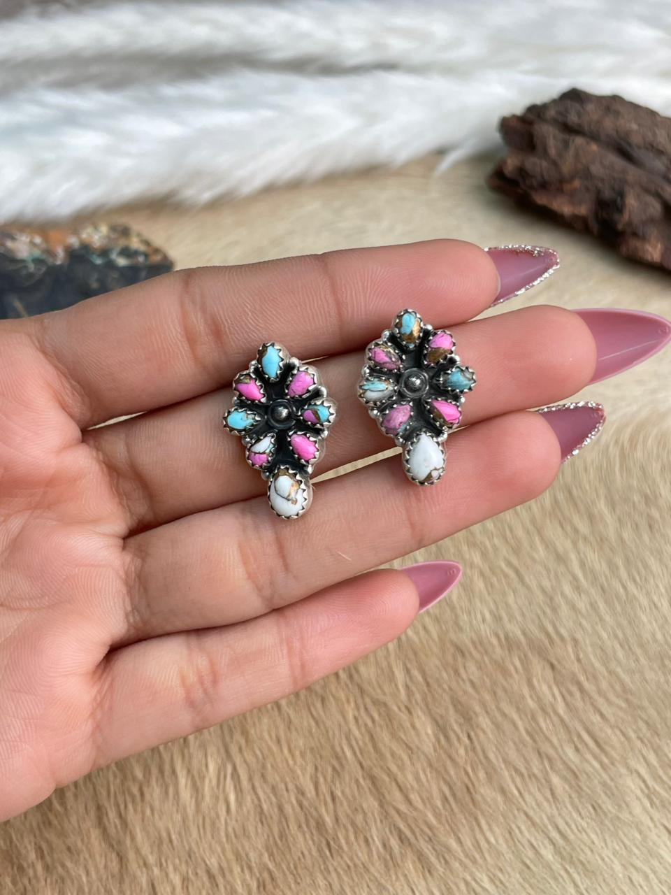 Handmade Sterling Silver Cotton Candy Post Studs Earrings "Signed Nizhoni"