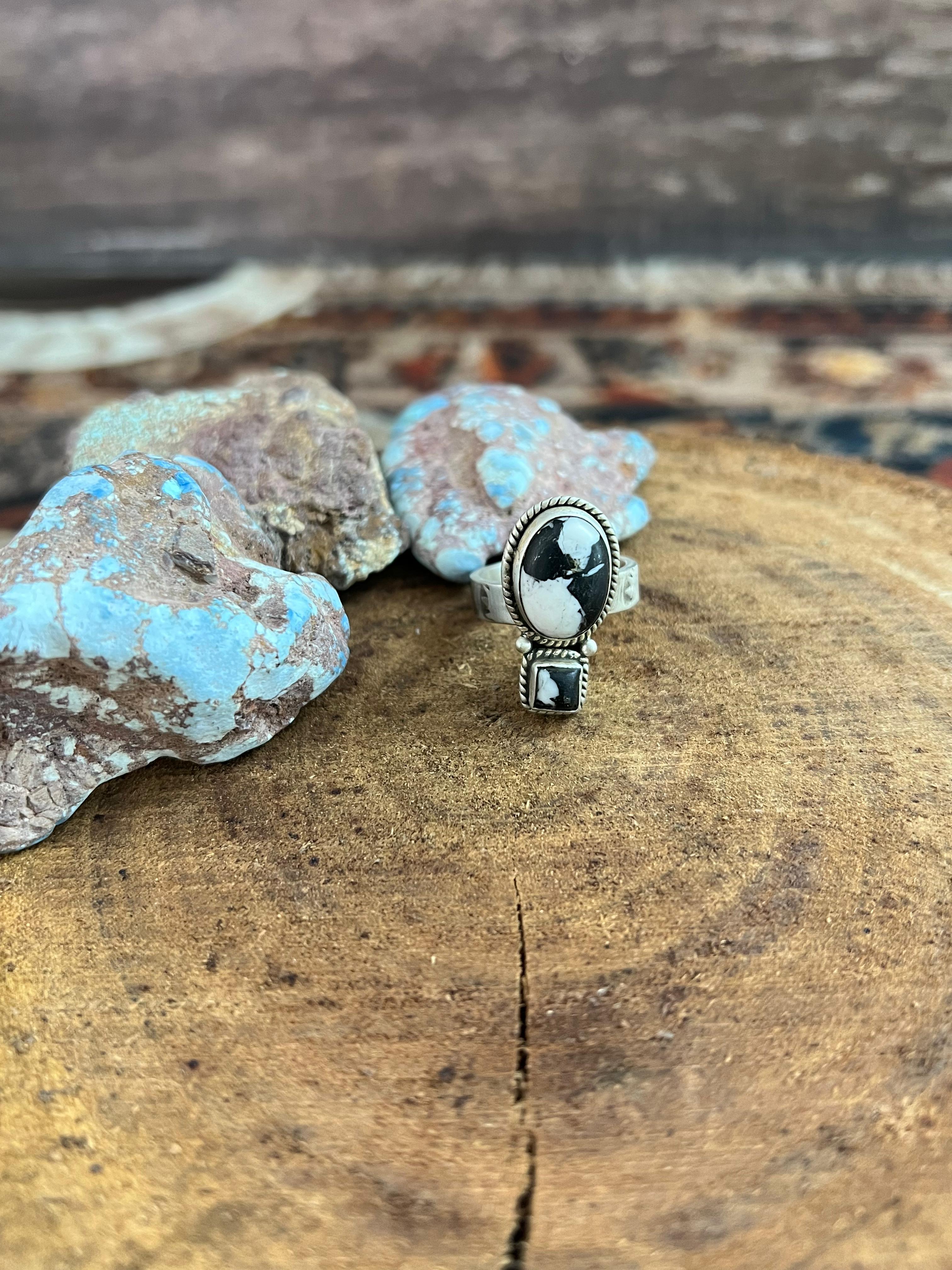 Handmade Sterling Silver White Buffalo Adjustable Ring, Signed Nizhoni