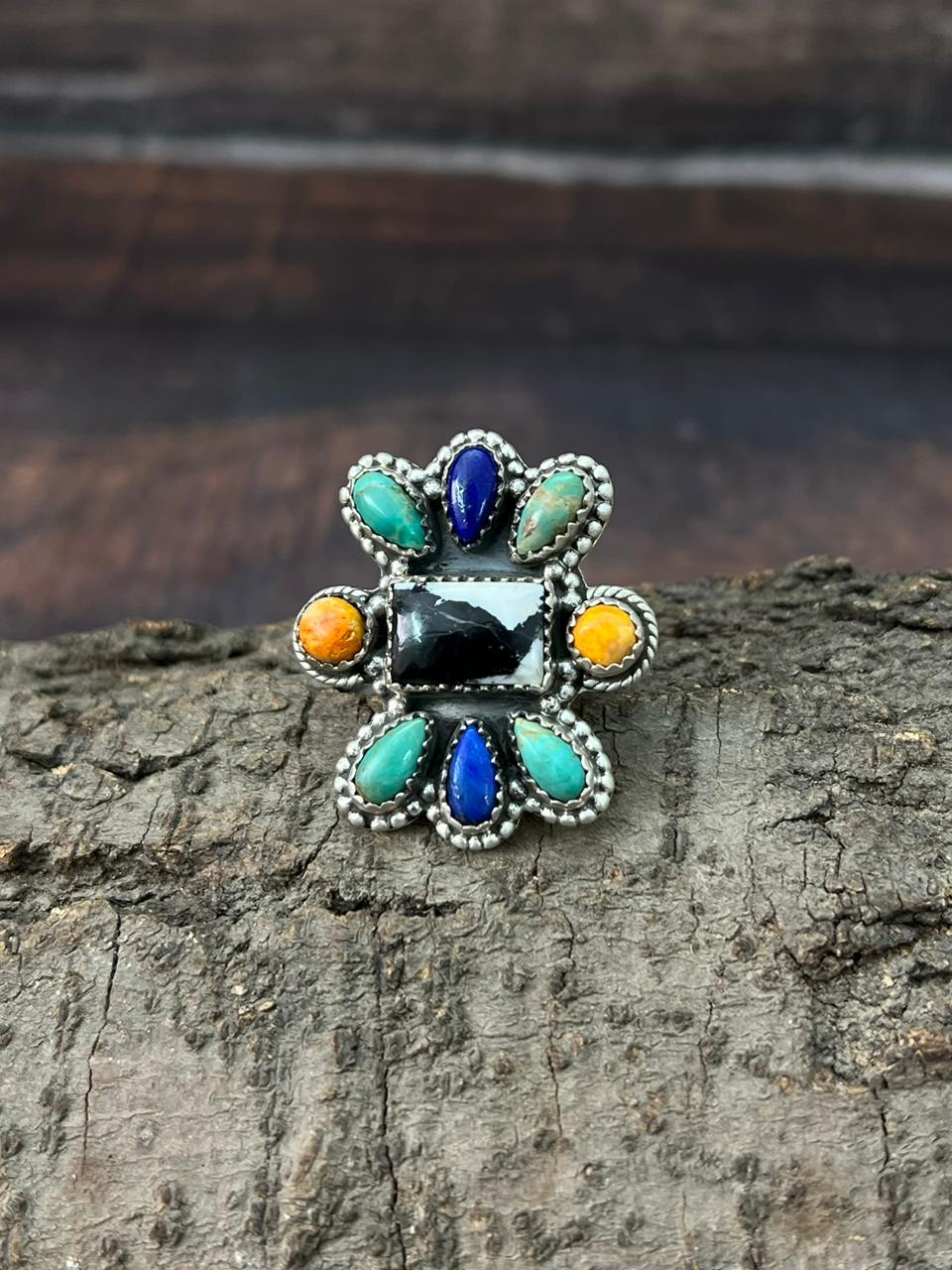 Handmade Sterling Silver Lapis, Kingman, Honey Dahlia, White Buffalo Adjustable Ring "Signed Nizhoni"