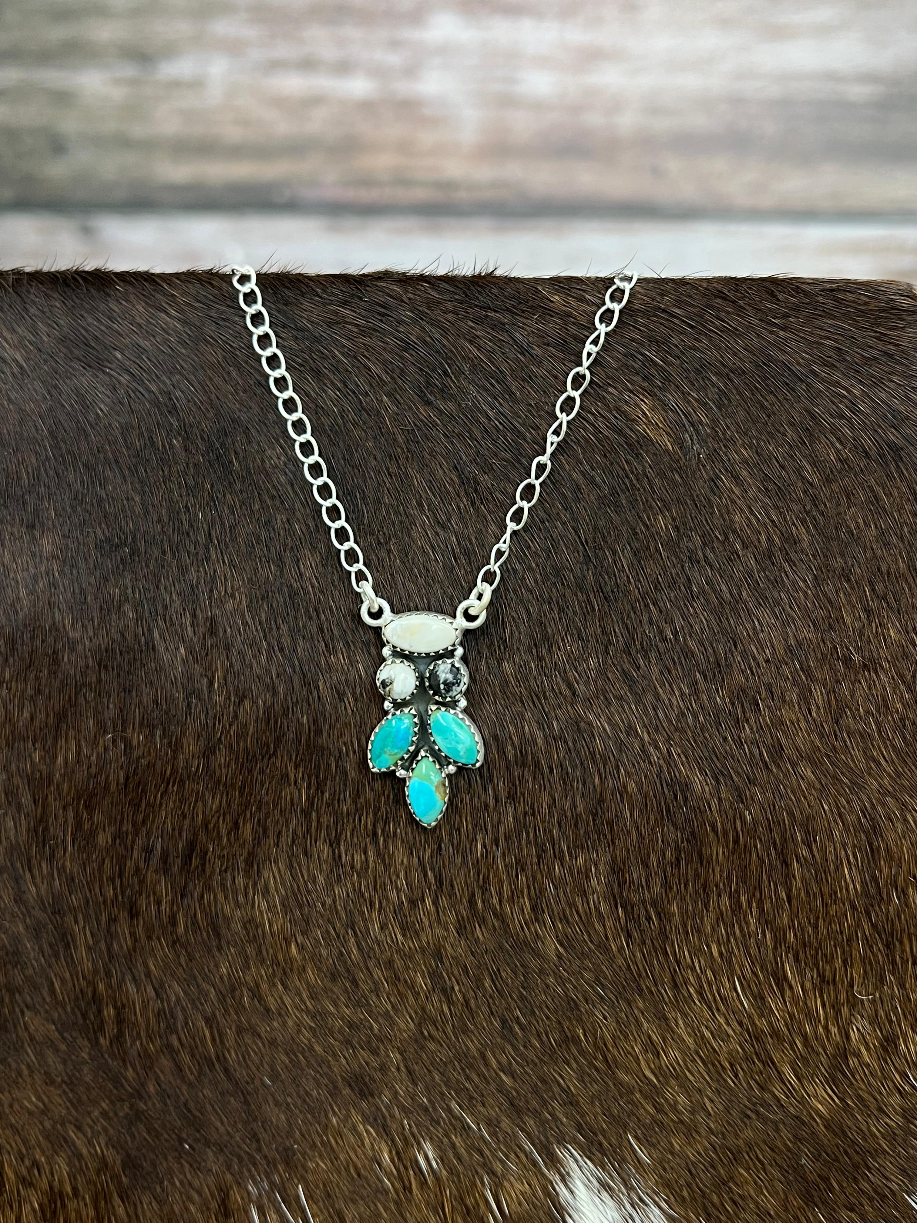 Handmade Sterling Silver Kingman Turquoise with White Buffalo Necklace with Signed Nizhoni